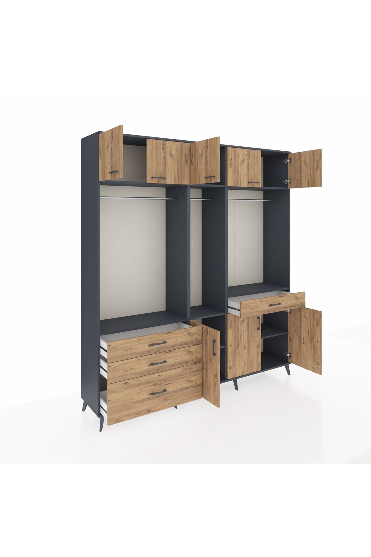 Hyperion Gardrop 8 Raflı 4 Çekmeceli 3 Askılı 220x44x243 Antrasit-Çam/Çam