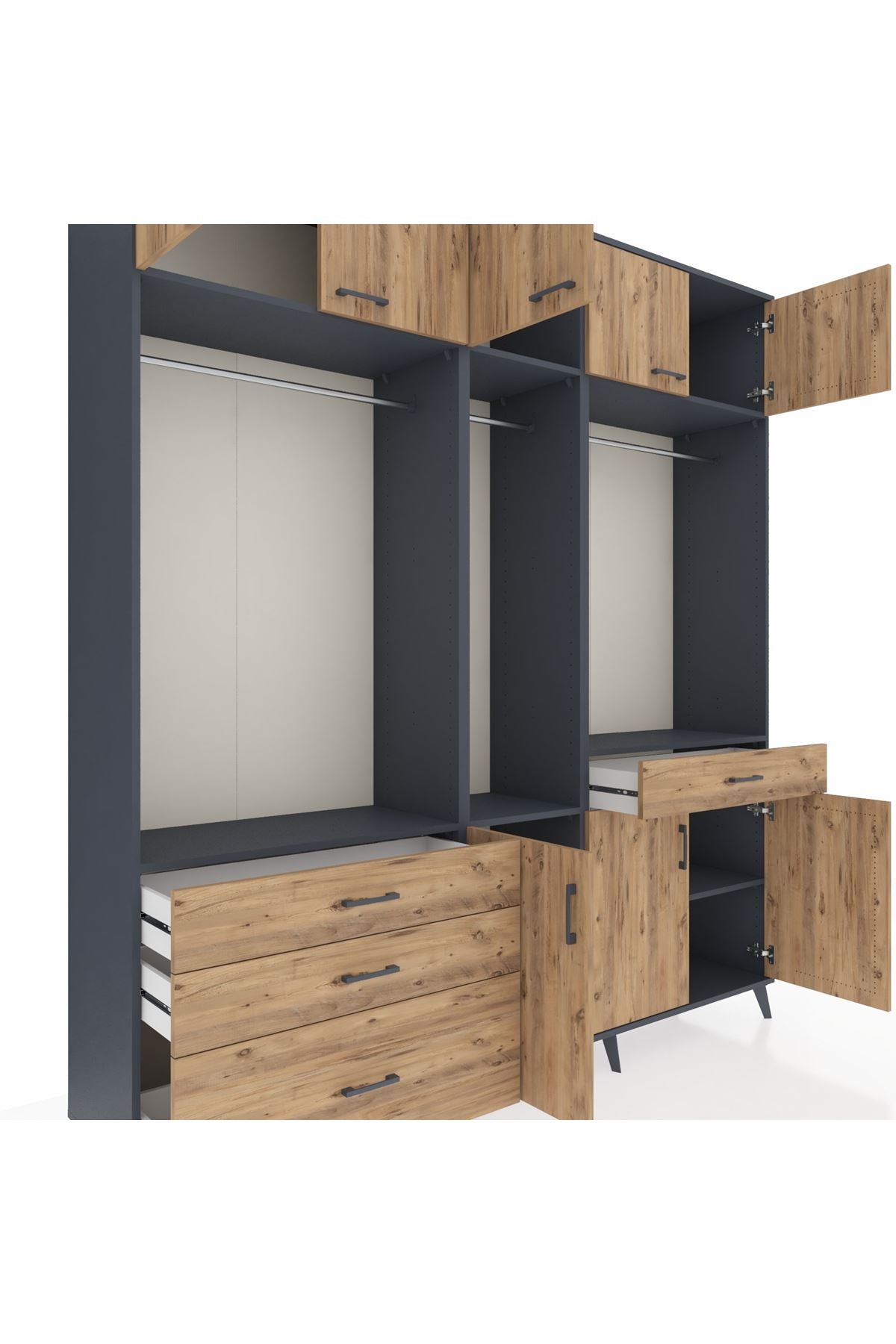 Hyperion Gardrop 8 Raflı 4 Çekmeceli 3 Askılı 220x44x243 Antrasit-Çam/Çam