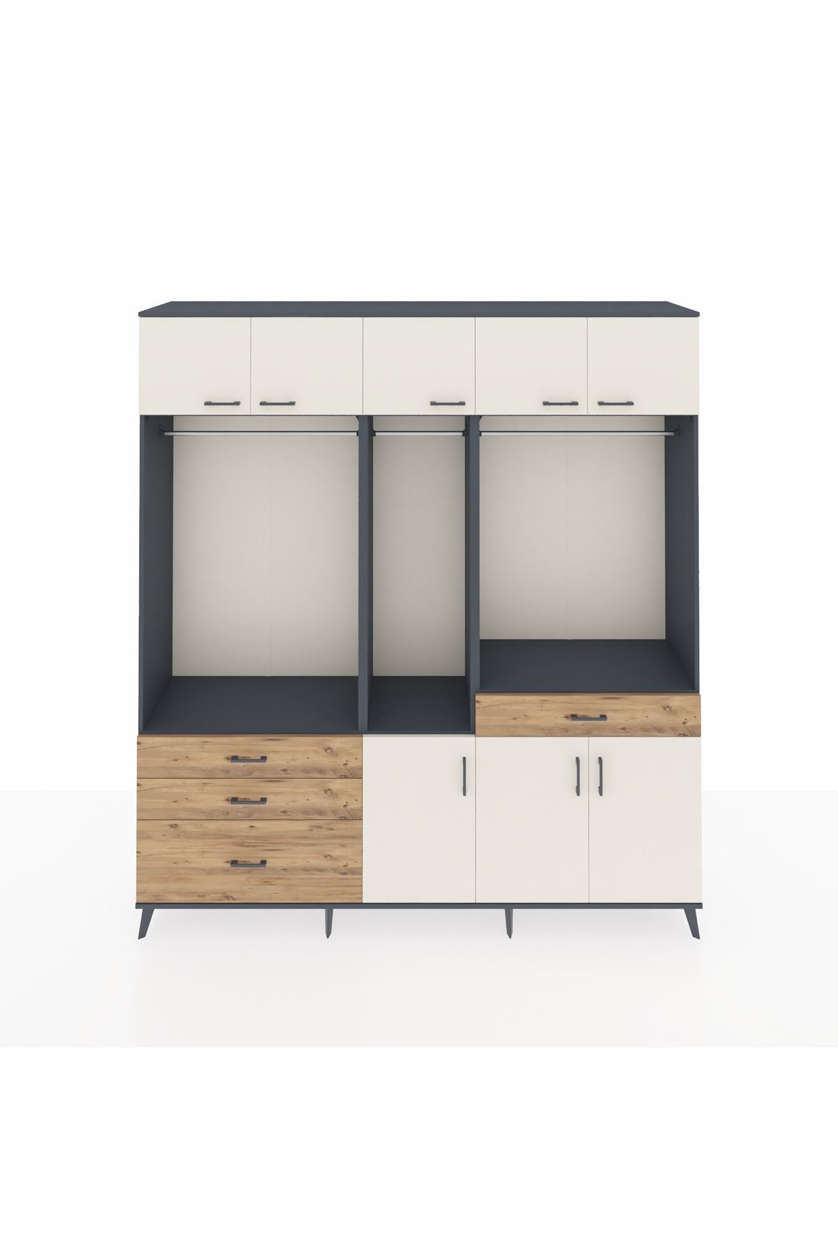 Hyperion Dolap 8 Raflı 4 Çekmeceli 3 Askılı 220x44x243 Antrasit-Aytaşı/Çam