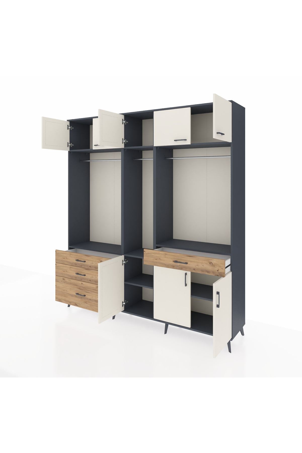 Hyperion Dolap 8 Raflı 4 Çekmeceli 3 Askılı 220x44x243 Antrasit-Aytaşı/Çam