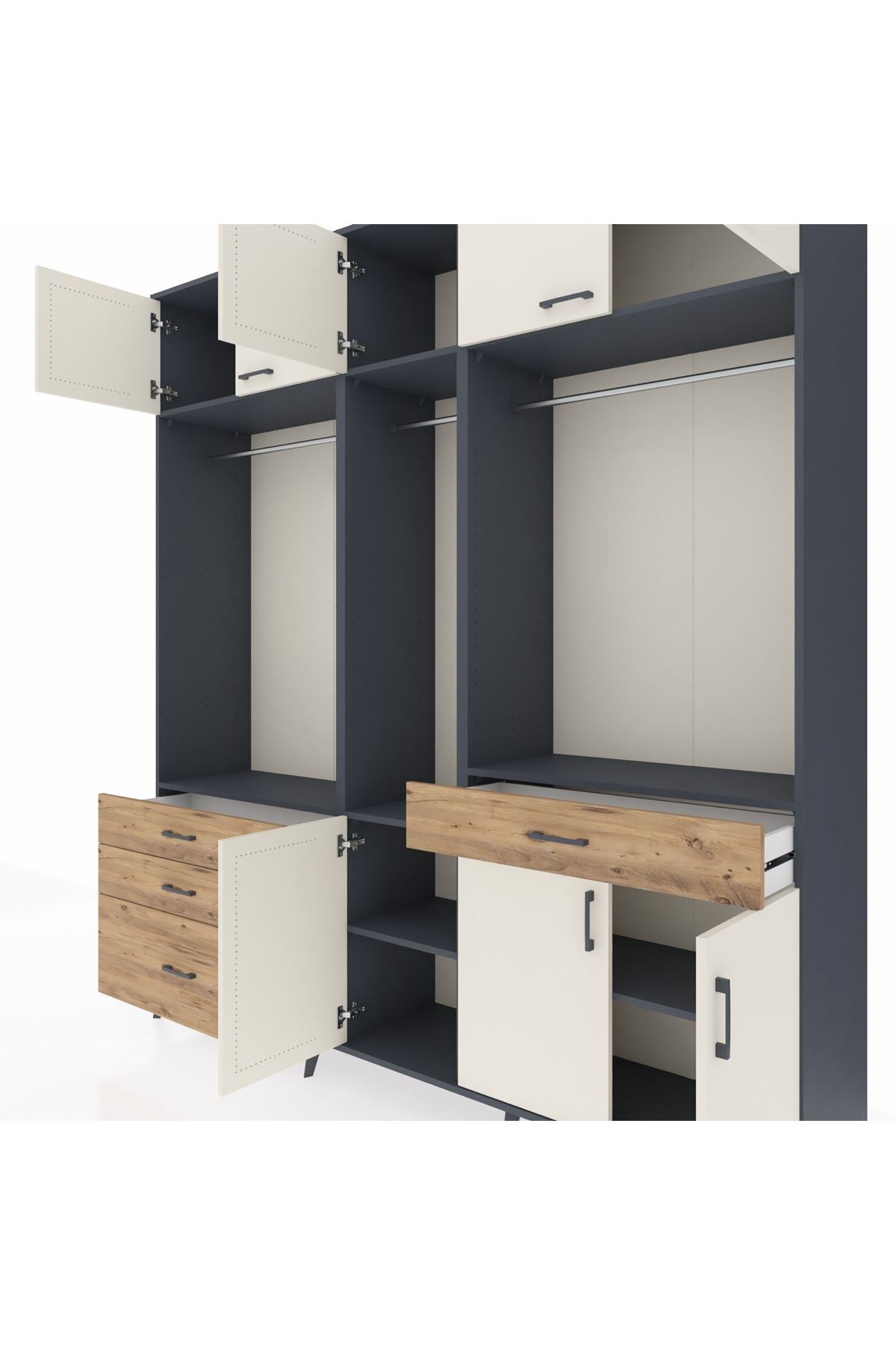 Hyperion Dolap 8 Raflı 4 Çekmeceli 3 Askılı 220x44x243 Antrasit-Aytaşı/Çam