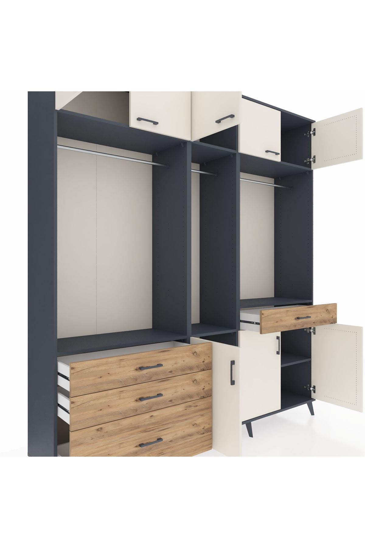 Hyperion Dolap 8 Raflı 4 Çekmeceli 3 Askılı 220x44x243 Antrasit-Aytaşı/Çam