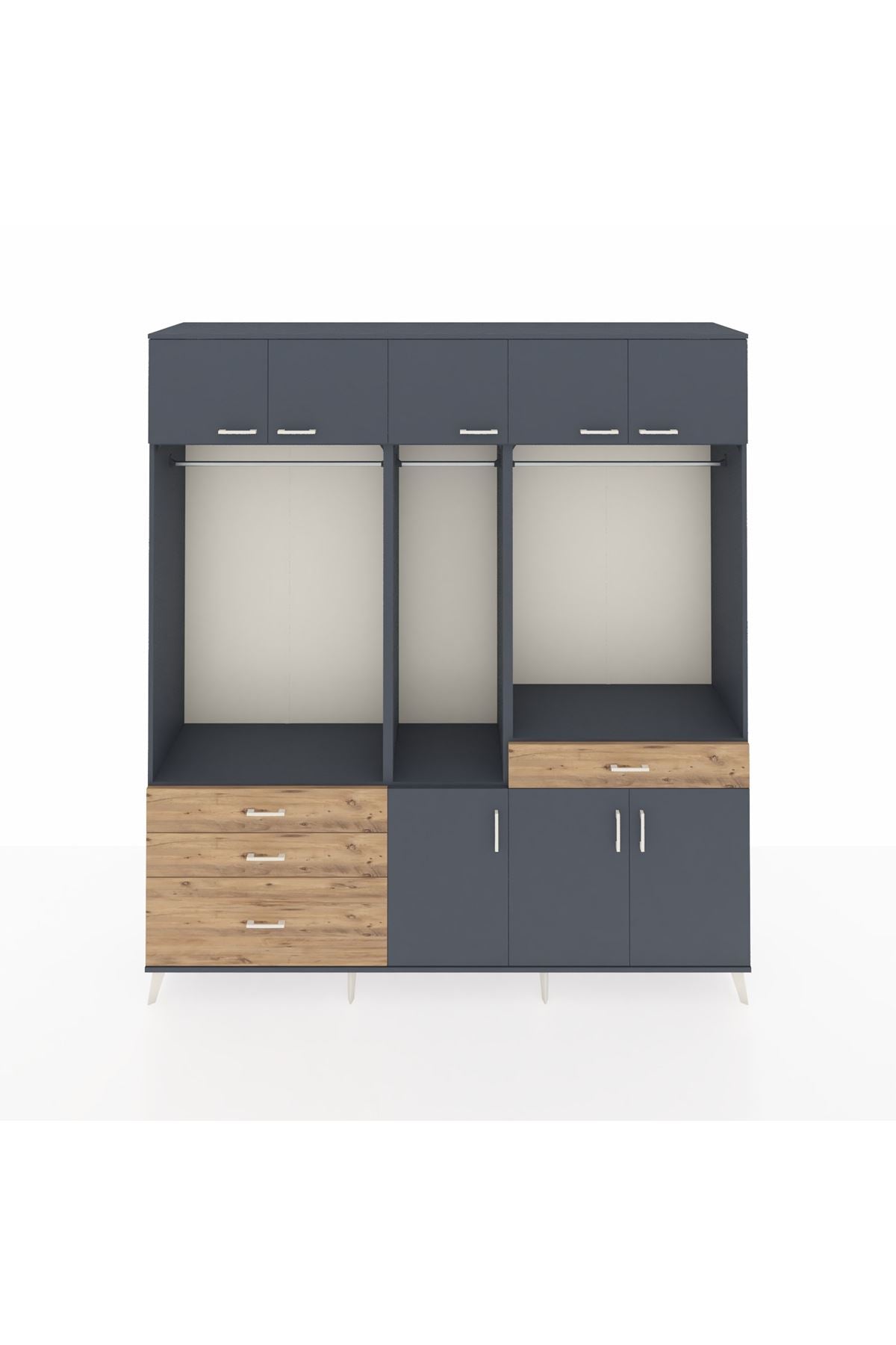 Hyperion Dolap 8 Raflı 4 Çekmeceli 3 Askılı 220x44x243 Antrasit-Antrasit/Çam