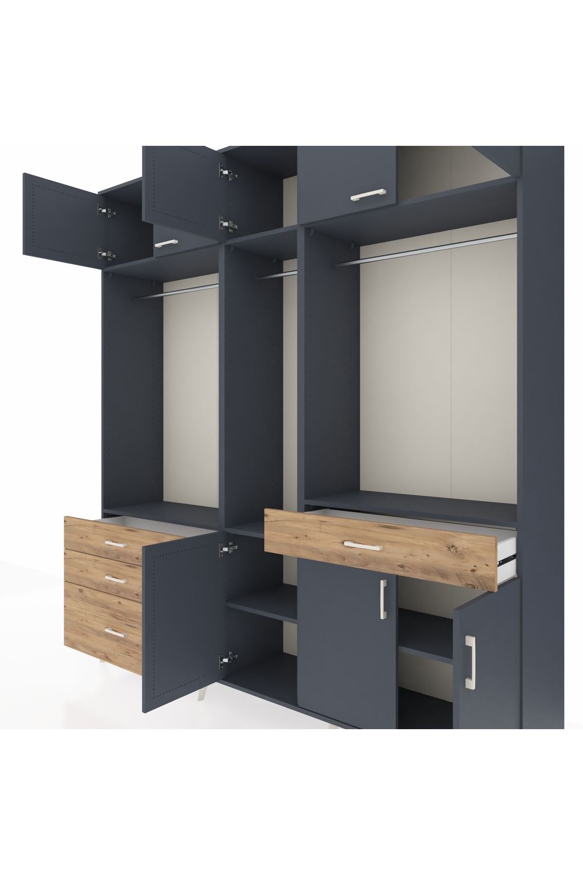 Hyperion Dolap 8 Raflı 4 Çekmeceli 3 Askılı 220x44x243 Antrasit-Antrasit/Çam