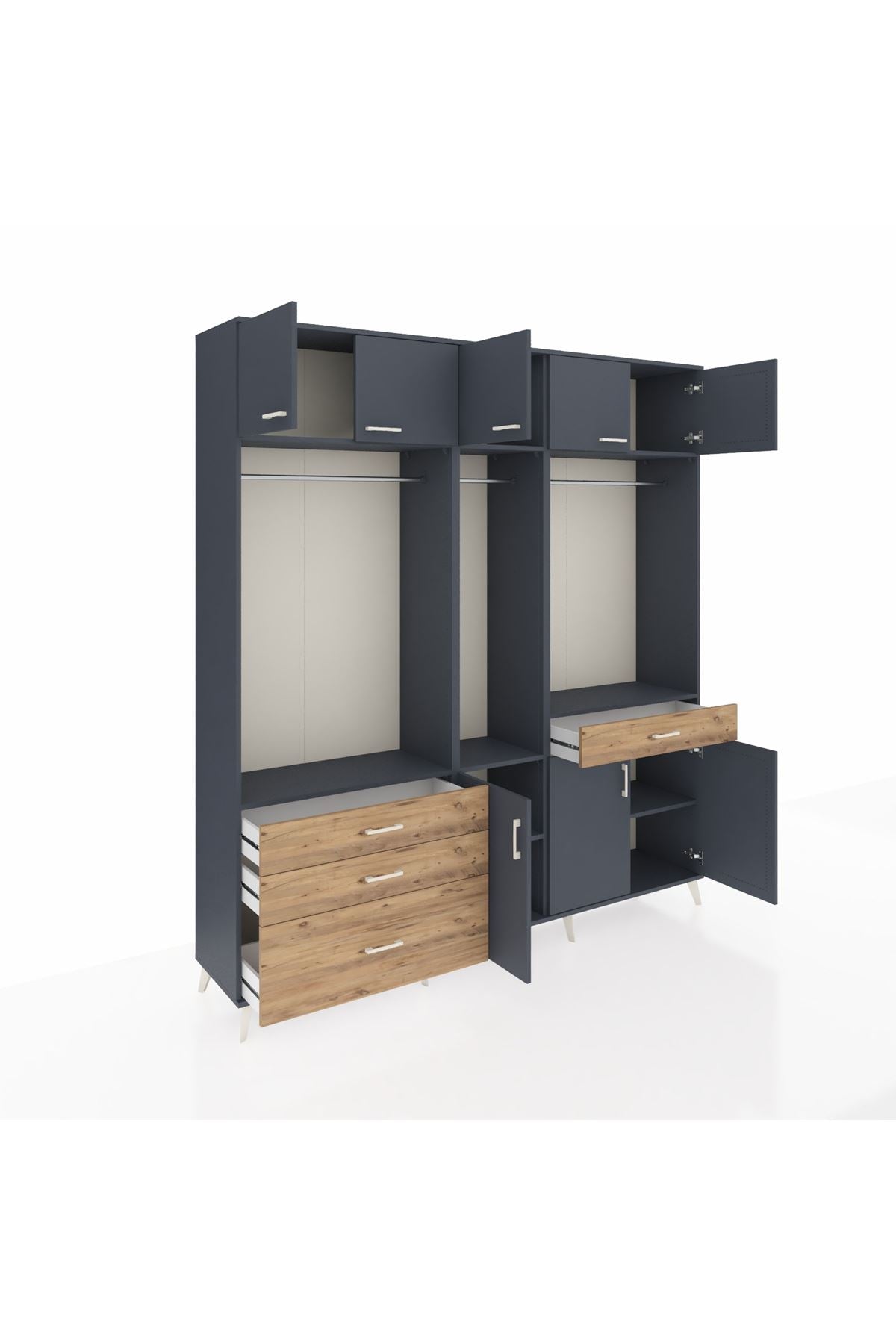 Hyperion Dolap 8 Raflı 4 Çekmeceli 3 Askılı 220x44x243 Antrasit-Antrasit/Çam