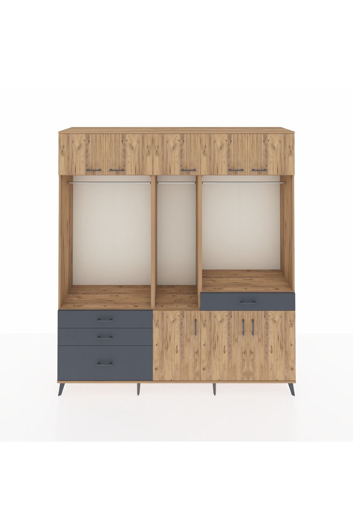 Hyperion Dolap 8 Raflı 4 Çekmeceli 3 Askılı 220x44x243 Çam-Çam/Antrasit