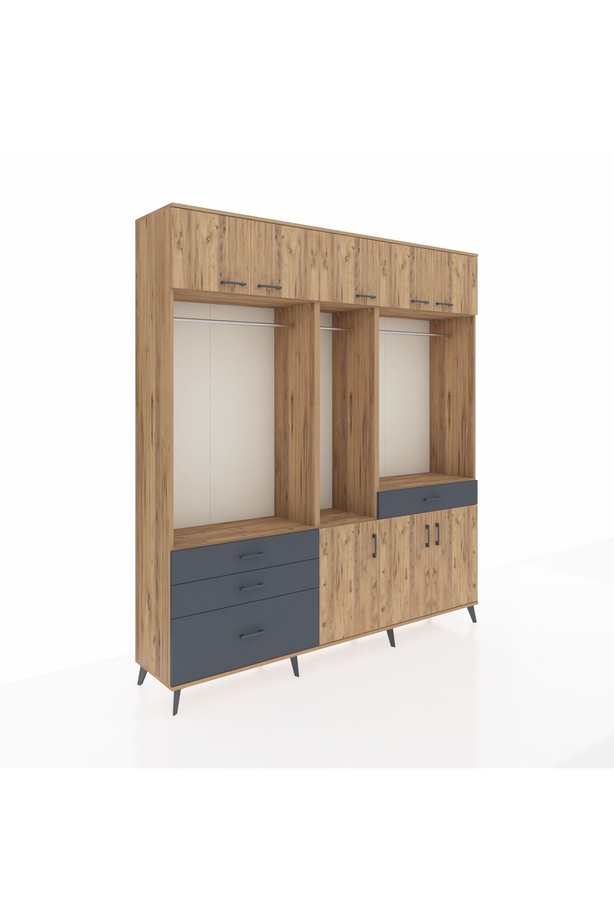 Hyperion Dolap 8 Raflı 4 Çekmeceli 3 Askılı 220x44x243 Çam-Çam/Antrasit