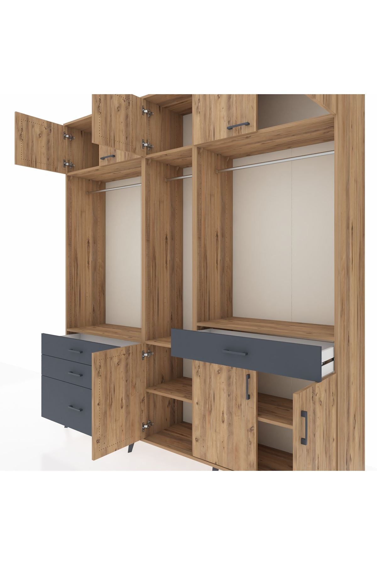 Hyperion Dolap 8 Raflı 4 Çekmeceli 3 Askılı 220x44x243 Çam-Çam/Antrasit