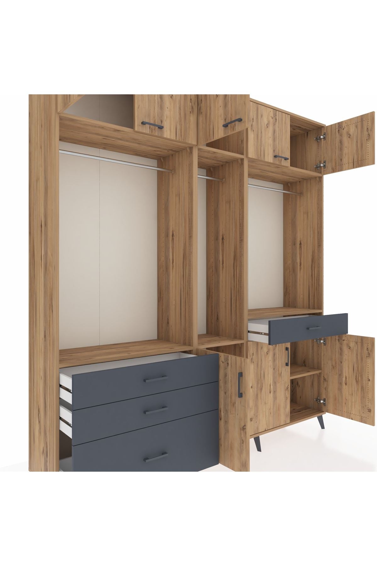 Hyperion Dolap 8 Raflı 4 Çekmeceli 3 Askılı 220x44x243 Çam-Çam/Antrasit