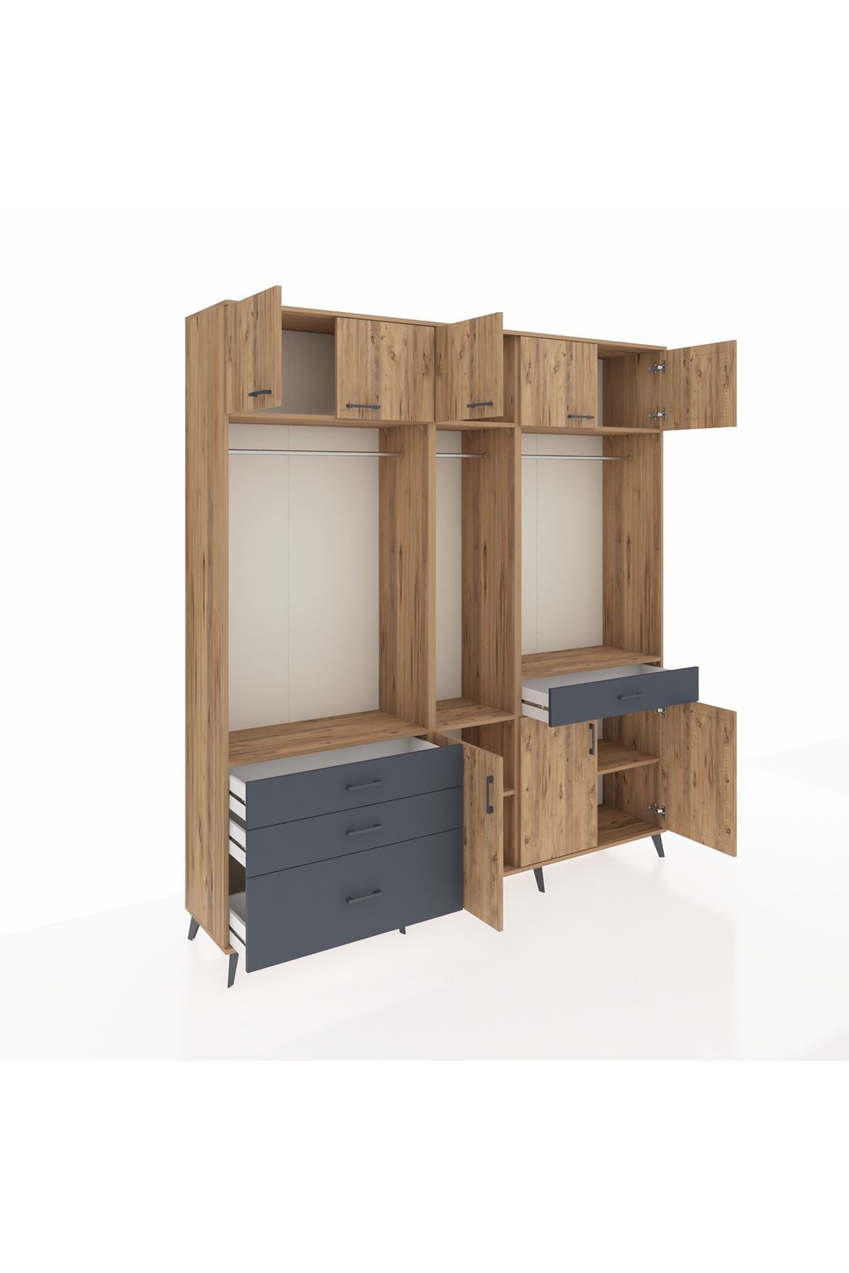 Hyperion Dolap 8 Raflı 4 Çekmeceli 3 Askılı 220x44x243 Çam-Çam/Antrasit