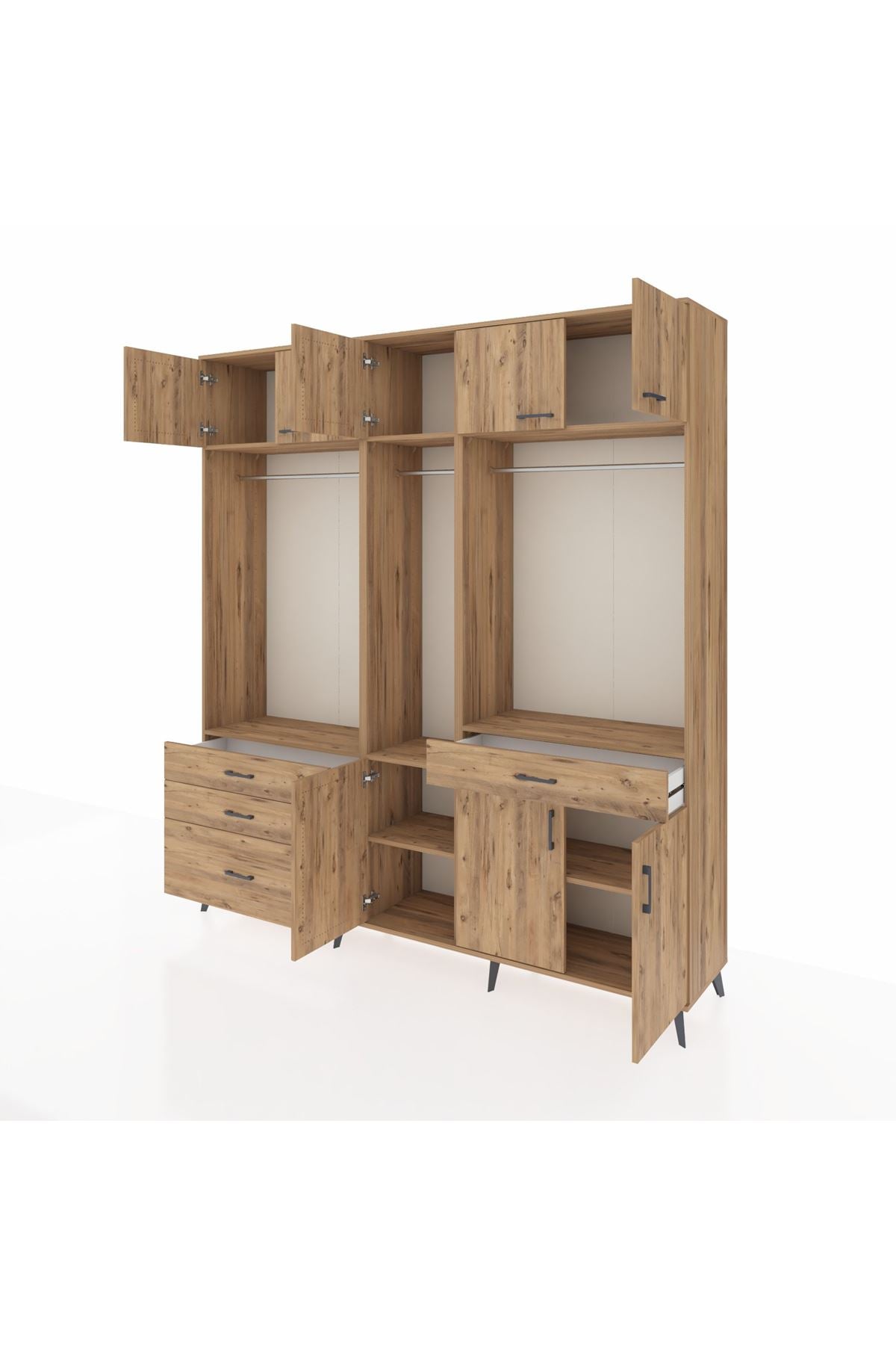 Hyperion Gardrop 8 Raflı 4 Çekmeceli 3 Askılı 220x44x243 Çam-Çam/Çam