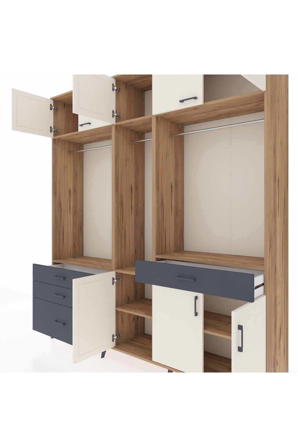 Hyperion Dolap 8 Raflı 4 Çekmeceli 3 Askılı 220x44x243 Çam-Aytaşı/Antrasit