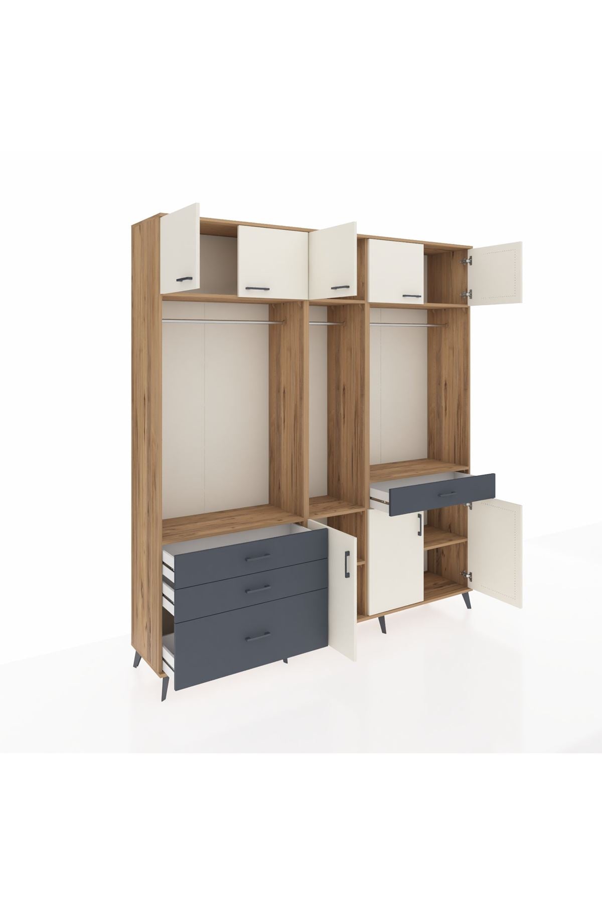 Hyperion Dolap 8 Raflı 4 Çekmeceli 3 Askılı 220x44x243 Çam-Aytaşı/Antrasit