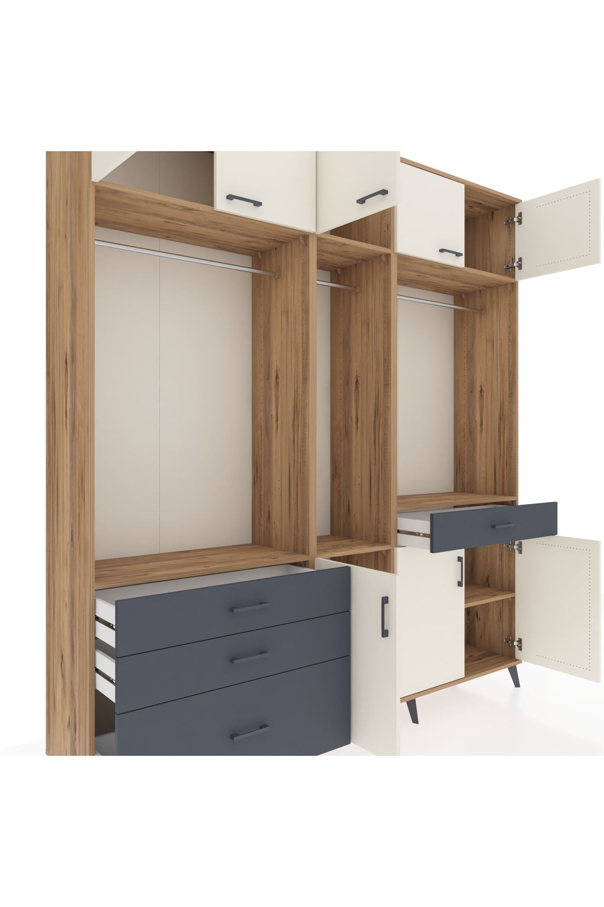 Hyperion Dolap 8 Raflı 4 Çekmeceli 3 Askılı 220x44x243 Çam-Aytaşı/Antrasit
