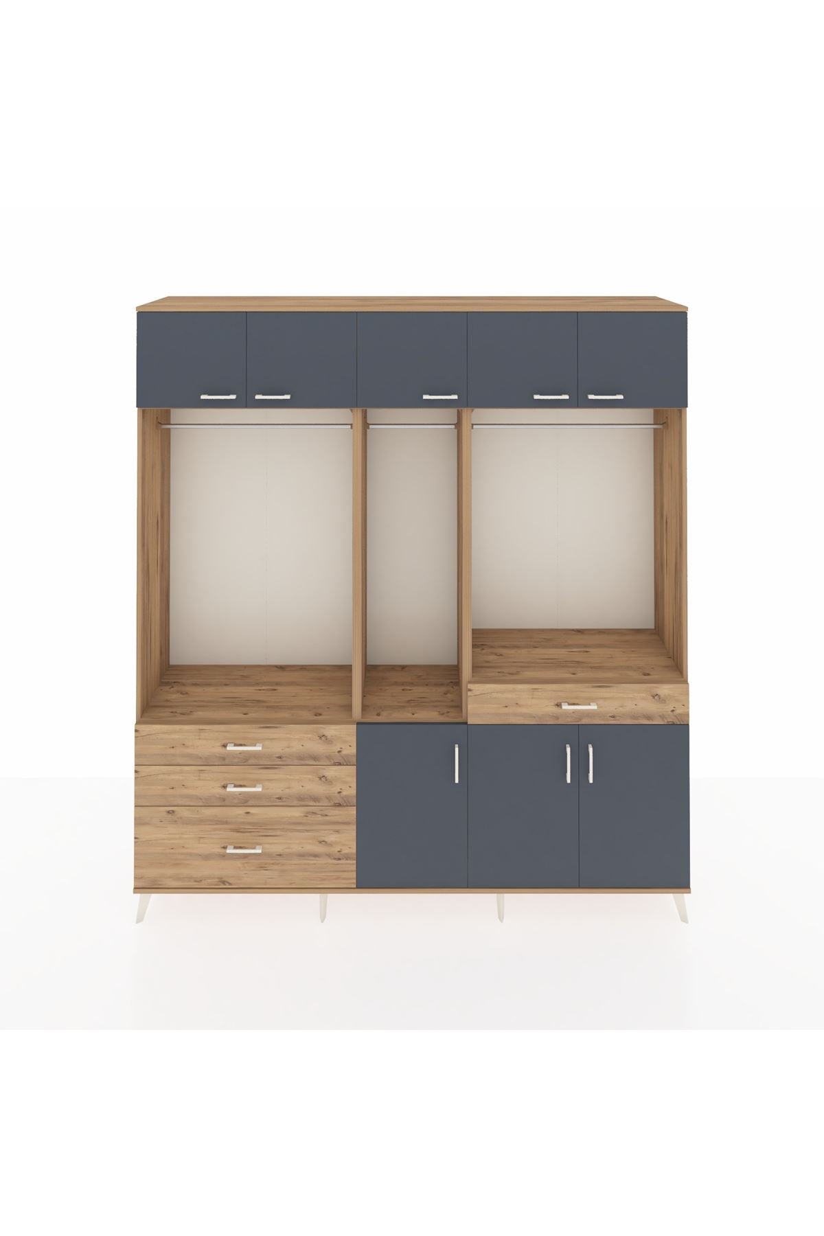 Hyperion Dolap 8 Raflı 4 Çekmeceli 3 Askılı 220x44x243 Çam-Antrasit/Çam