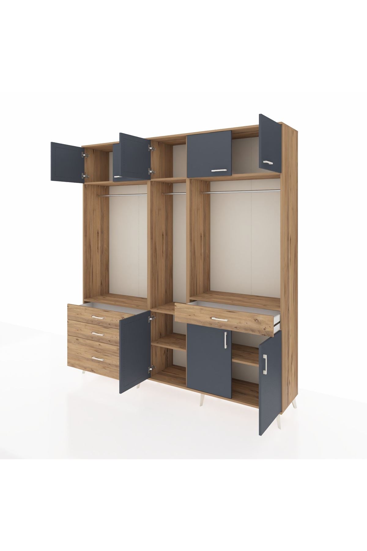 Hyperion Dolap 8 Raflı 4 Çekmeceli 3 Askılı 220x44x243 Çam-Antrasit/Çam