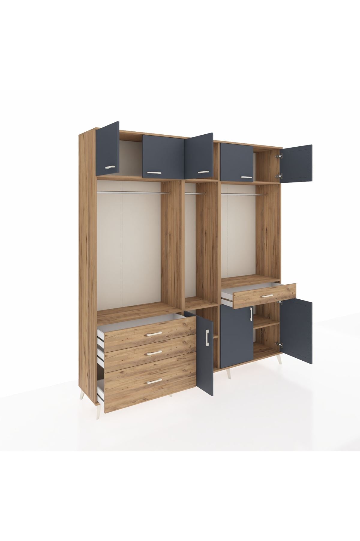 Hyperion Dolap 8 Raflı 4 Çekmeceli 3 Askılı 220x44x243 Çam-Antrasit/Çam