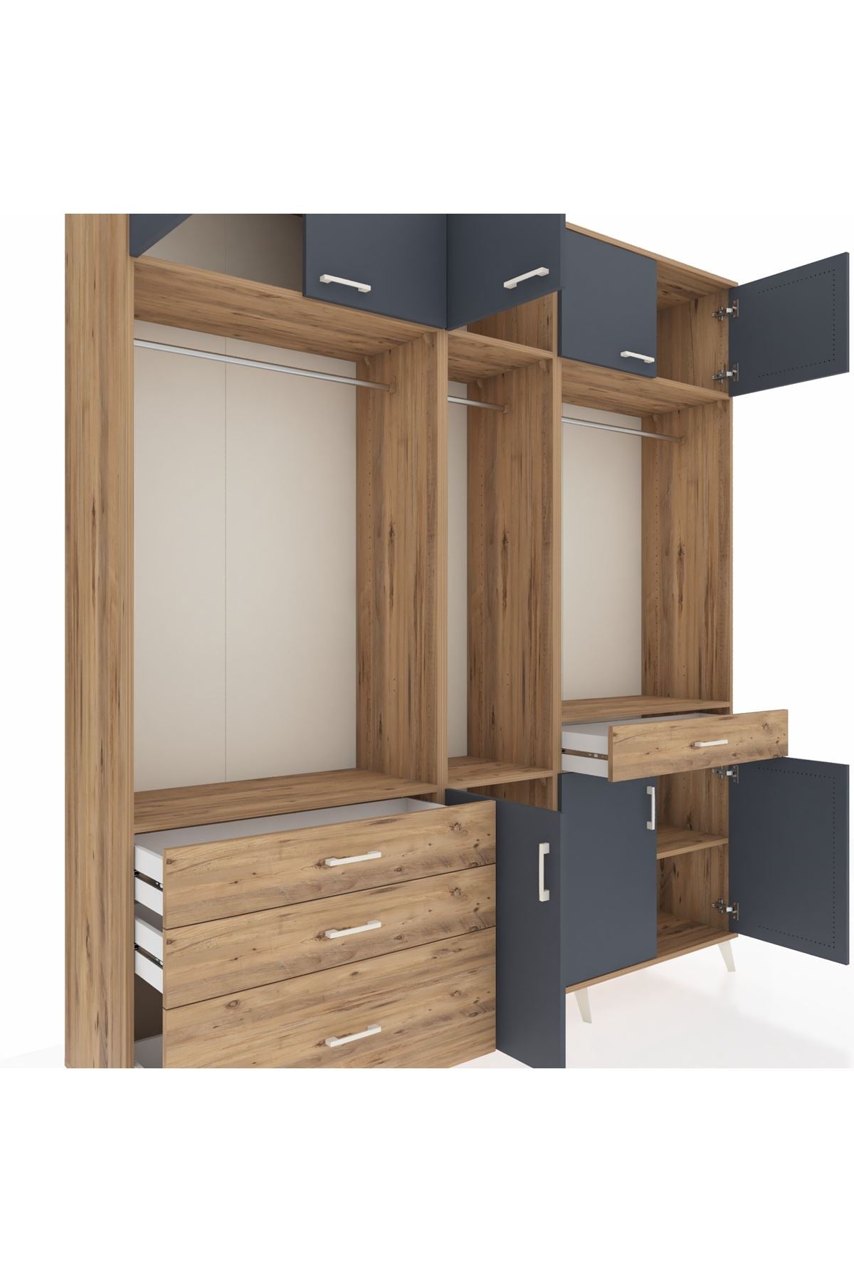 Hyperion Dolap 8 Raflı 4 Çekmeceli 3 Askılı 220x44x243 Çam-Antrasit/Çam