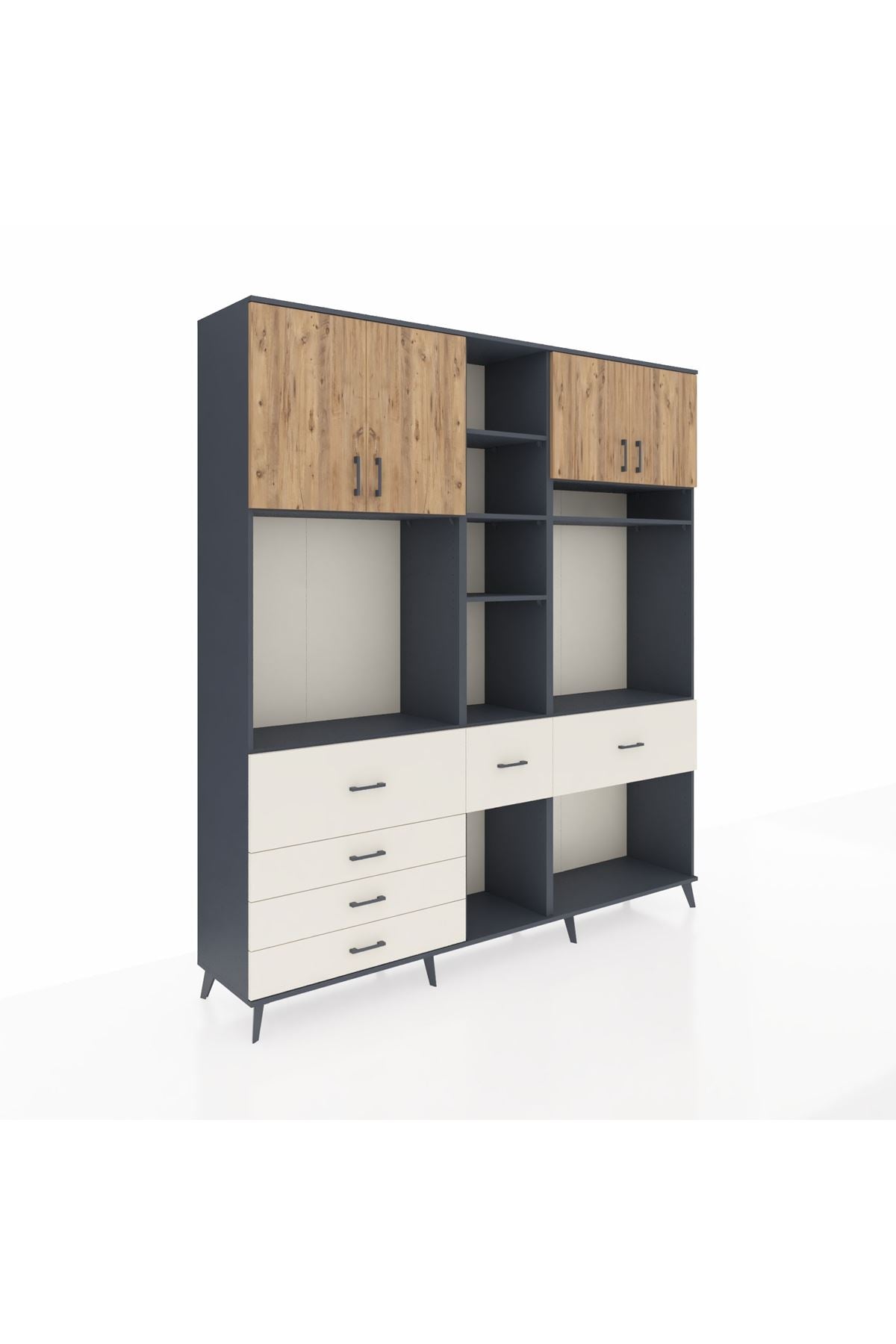 Hyperion Dolap 11 Raflı 6 Çekmeceli 4 Kapaklı 220x44x243 Antrasit-Çam/Aytaşı