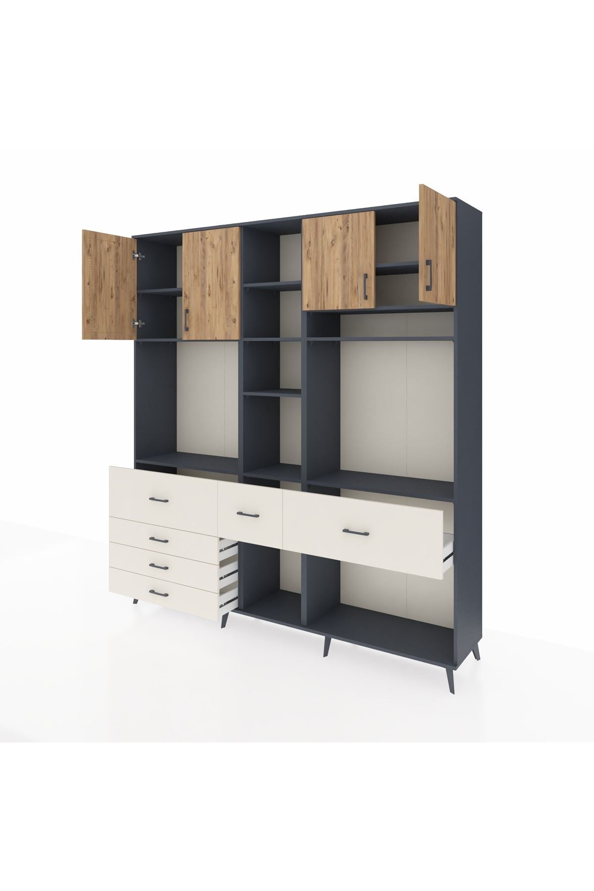 Hyperion Dolap 11 Raflı 6 Çekmeceli 4 Kapaklı 220x44x243 Antrasit-Çam/Aytaşı