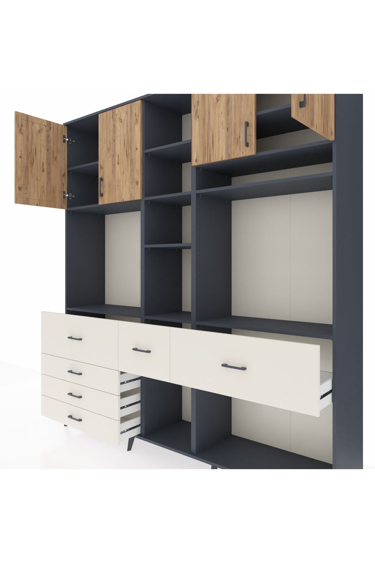 Hyperion Dolap 11 Raflı 6 Çekmeceli 4 Kapaklı 220x44x243 Antrasit-Çam/Aytaşı