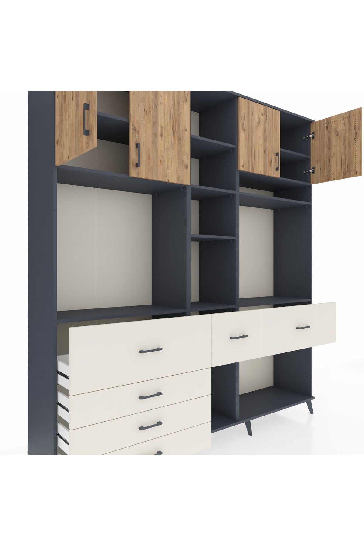 Hyperion Dolap 11 Raflı 6 Çekmeceli 4 Kapaklı 220x44x243 Antrasit-Çam/Aytaşı