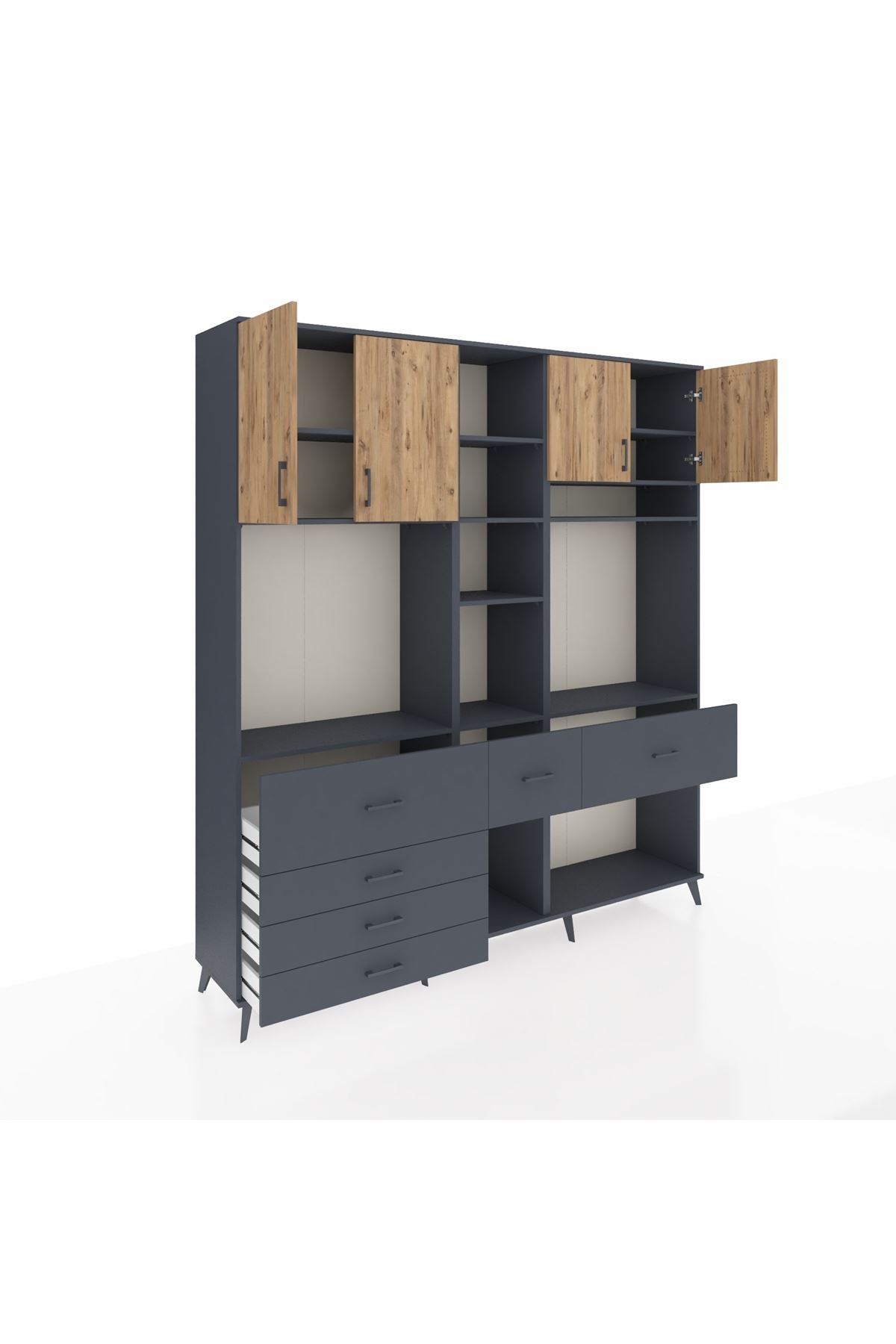 Hyperion Dolap 11 Raflı 6 Çekmeceli 4 Kapaklı 220x44x243 Antrasit-Çam/Antrasit