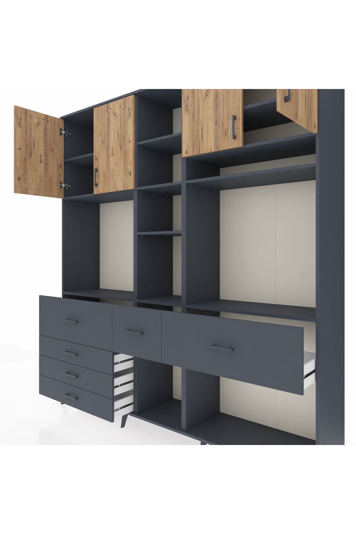 Hyperion Dolap 11 Raflı 6 Çekmeceli 4 Kapaklı 220x44x243 Antrasit-Çam/Antrasit