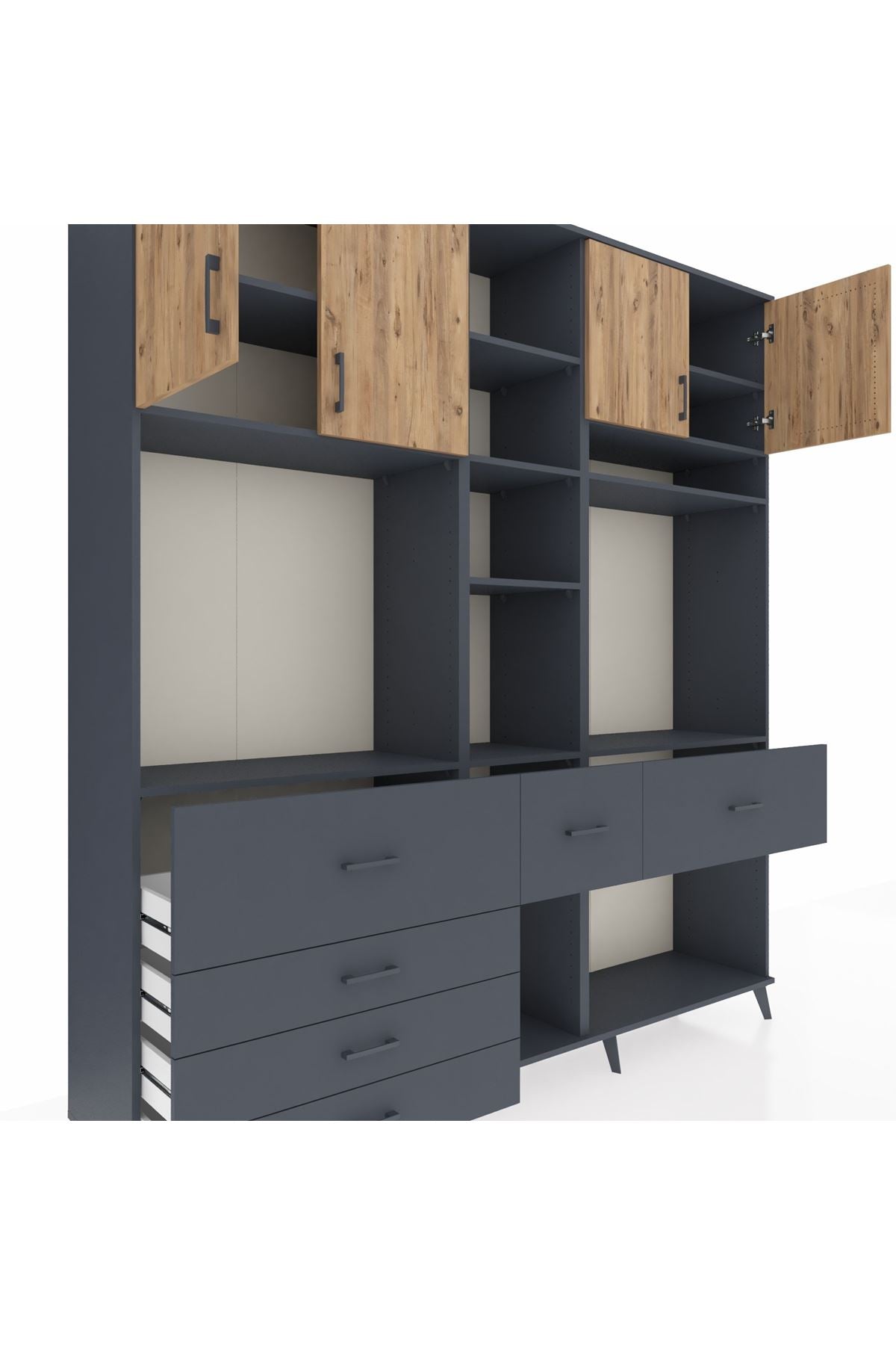 Hyperion Dolap 11 Raflı 6 Çekmeceli 4 Kapaklı 220x44x243 Antrasit-Çam/Antrasit