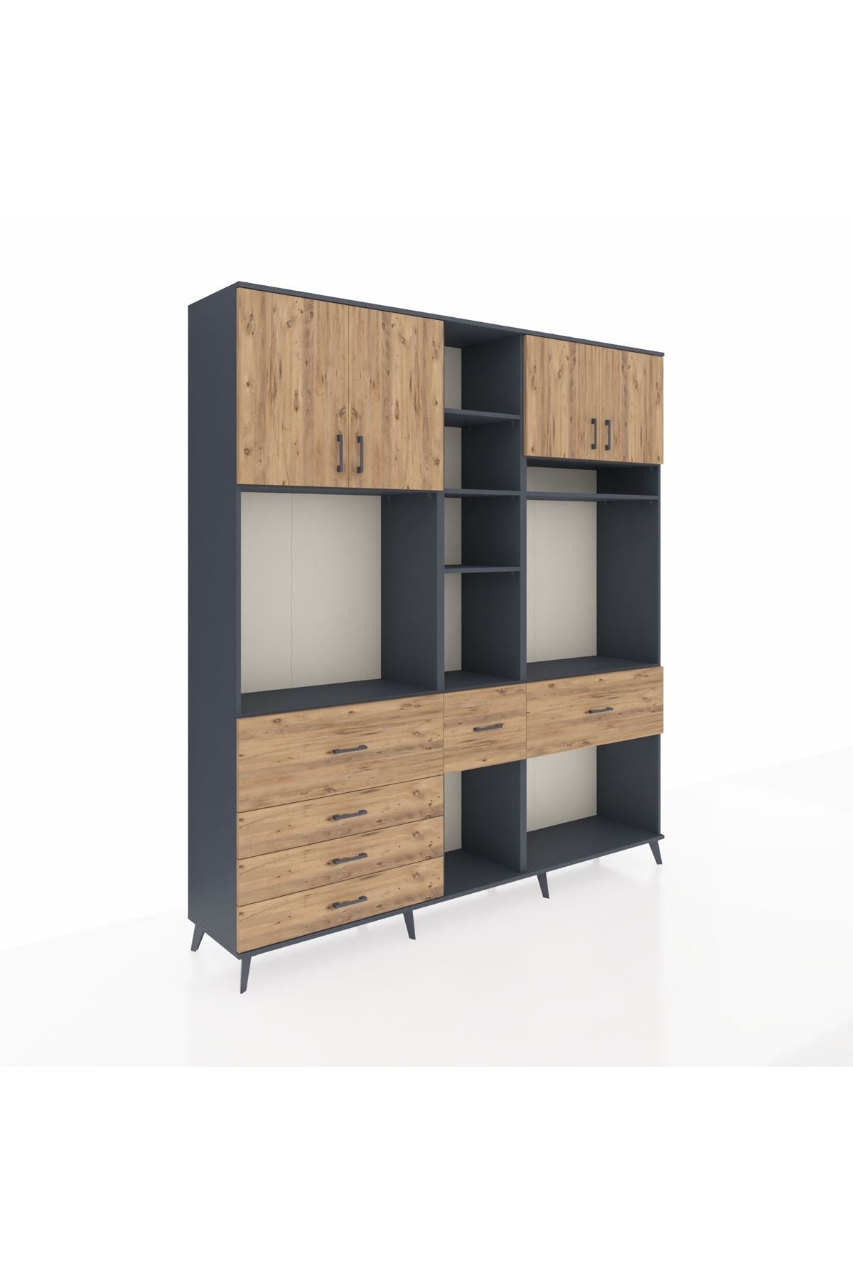 Hyperion Dolap 11 Raflı 6 Çekmeceli 4 Kapaklı 220x44x243 Antrasit-Çam/Çam