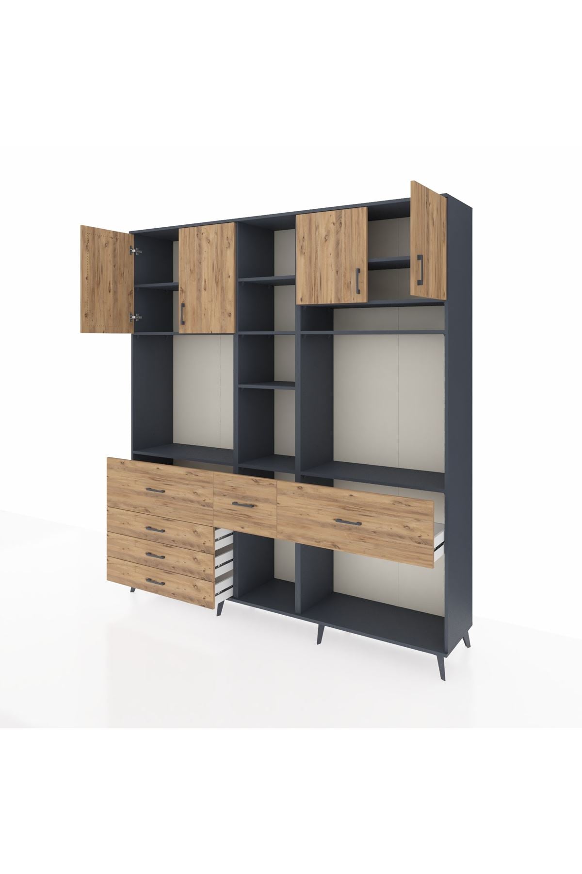 Hyperion Dolap 11 Raflı 6 Çekmeceli 4 Kapaklı 220x44x243 Antrasit-Çam/Çam