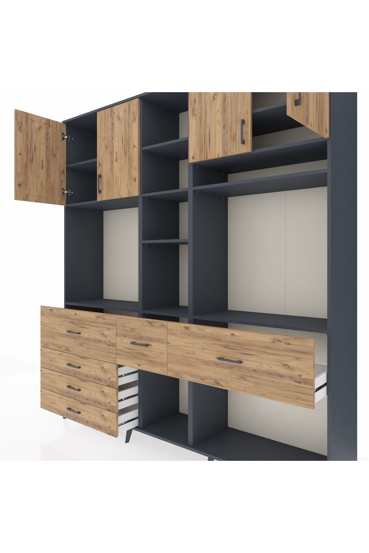 Hyperion Dolap 11 Raflı 6 Çekmeceli 4 Kapaklı 220x44x243 Antrasit-Çam/Çam