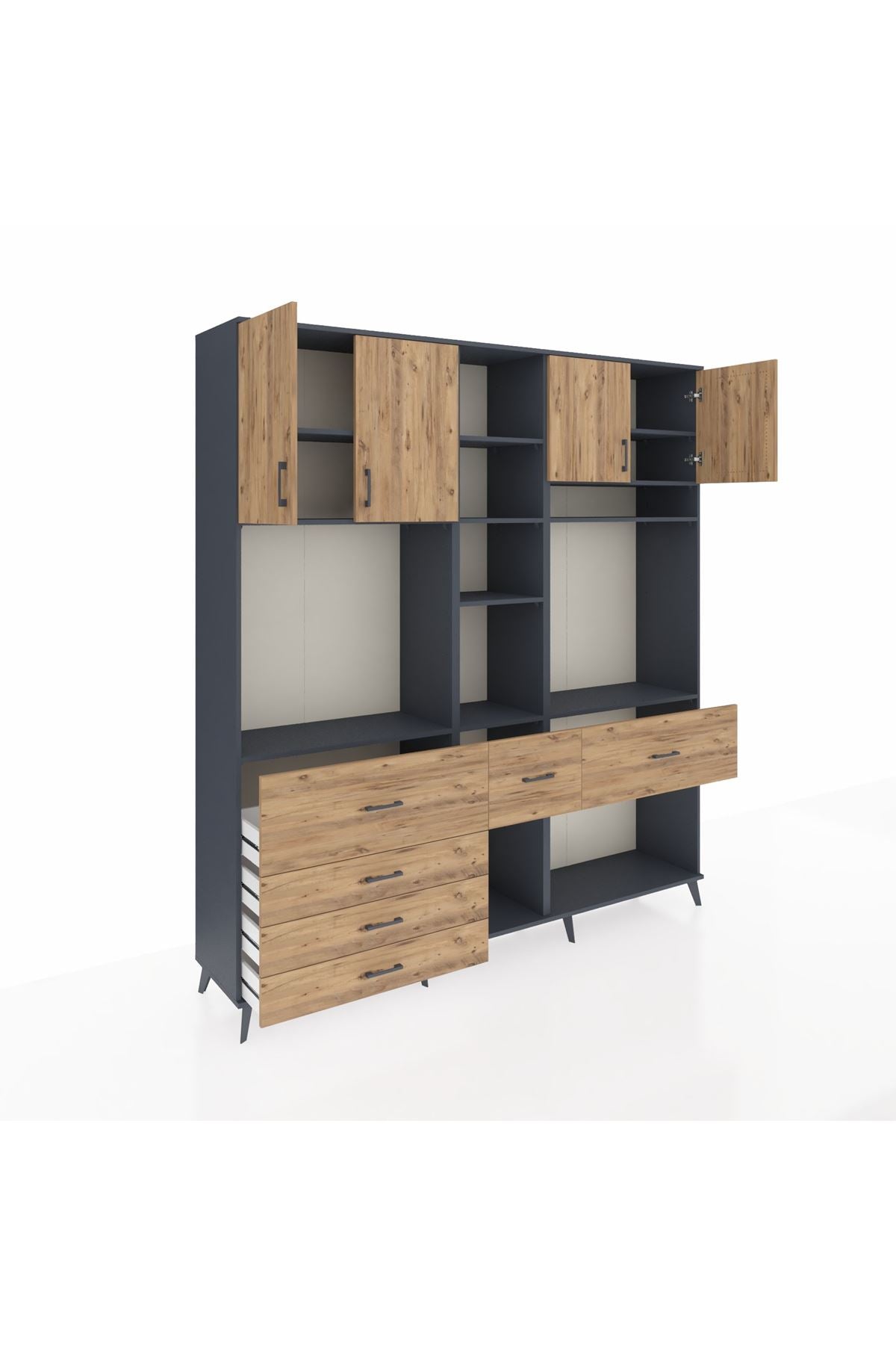 Hyperion Dolap 11 Raflı 6 Çekmeceli 4 Kapaklı 220x44x243 Antrasit-Çam/Çam