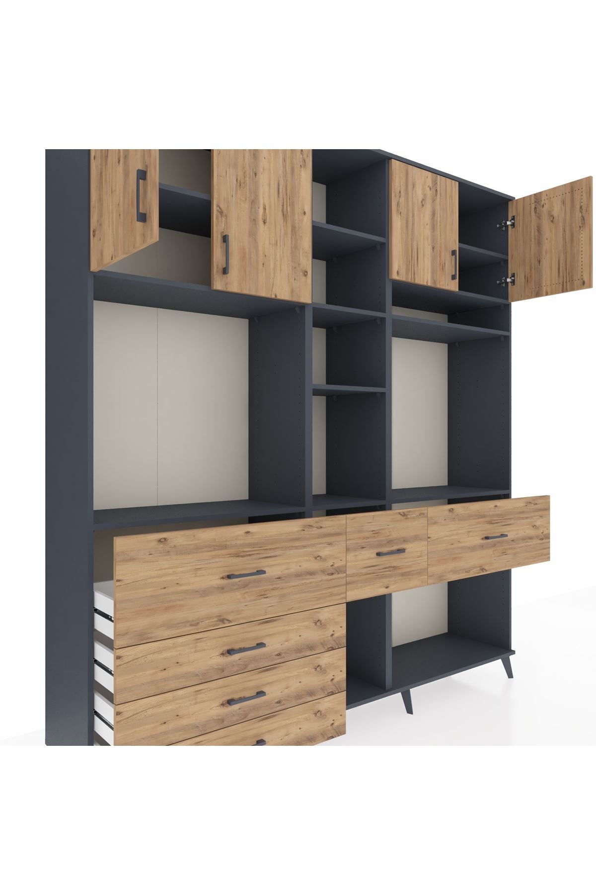 Hyperion Dolap 11 Raflı 6 Çekmeceli 4 Kapaklı 220x44x243 Antrasit-Çam/Çam