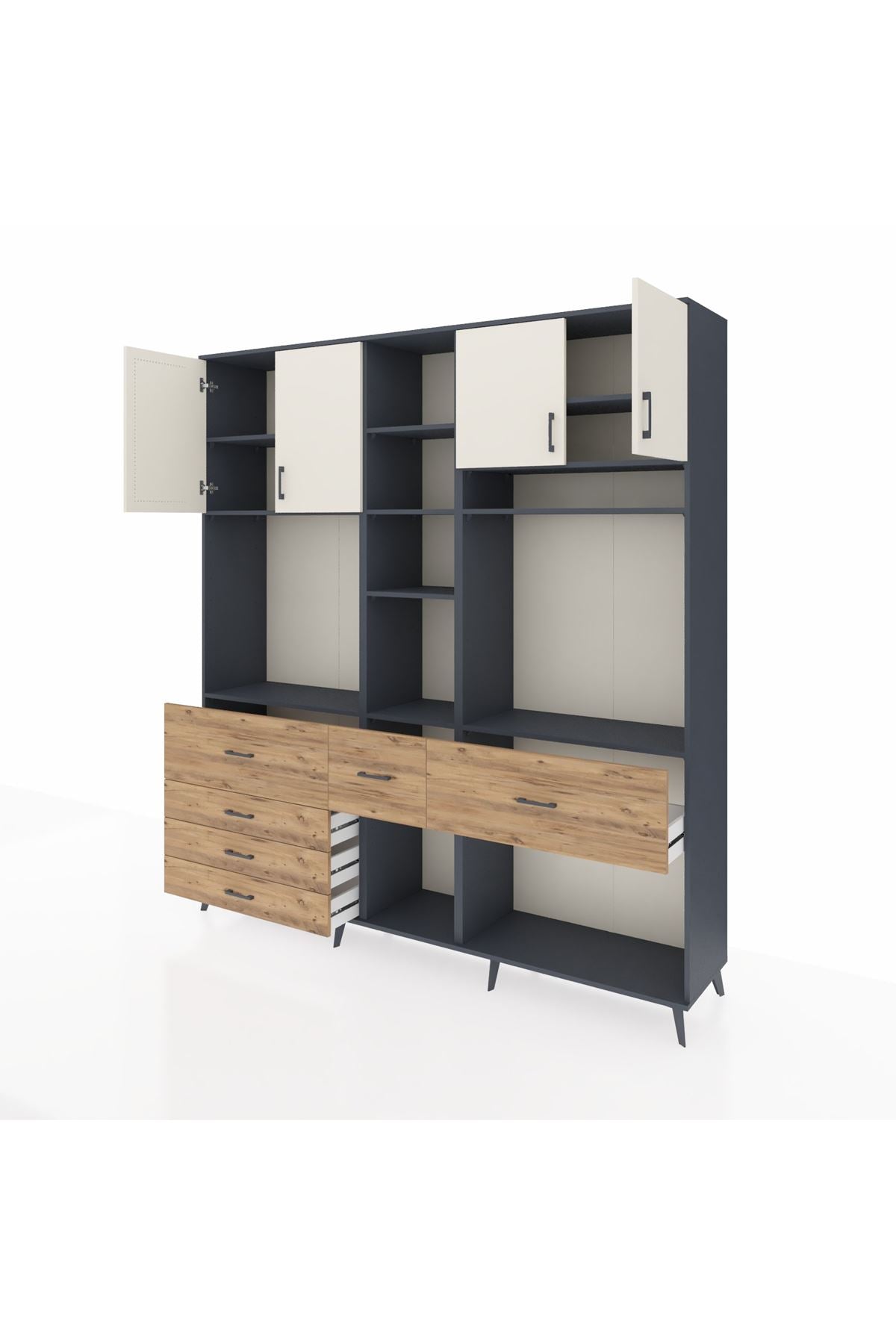 Hyperion Dolap 11 Raflı 6 Çekmeceli 4 Kapaklı 220x44x243 Antrasit-Aytaşı/Çam