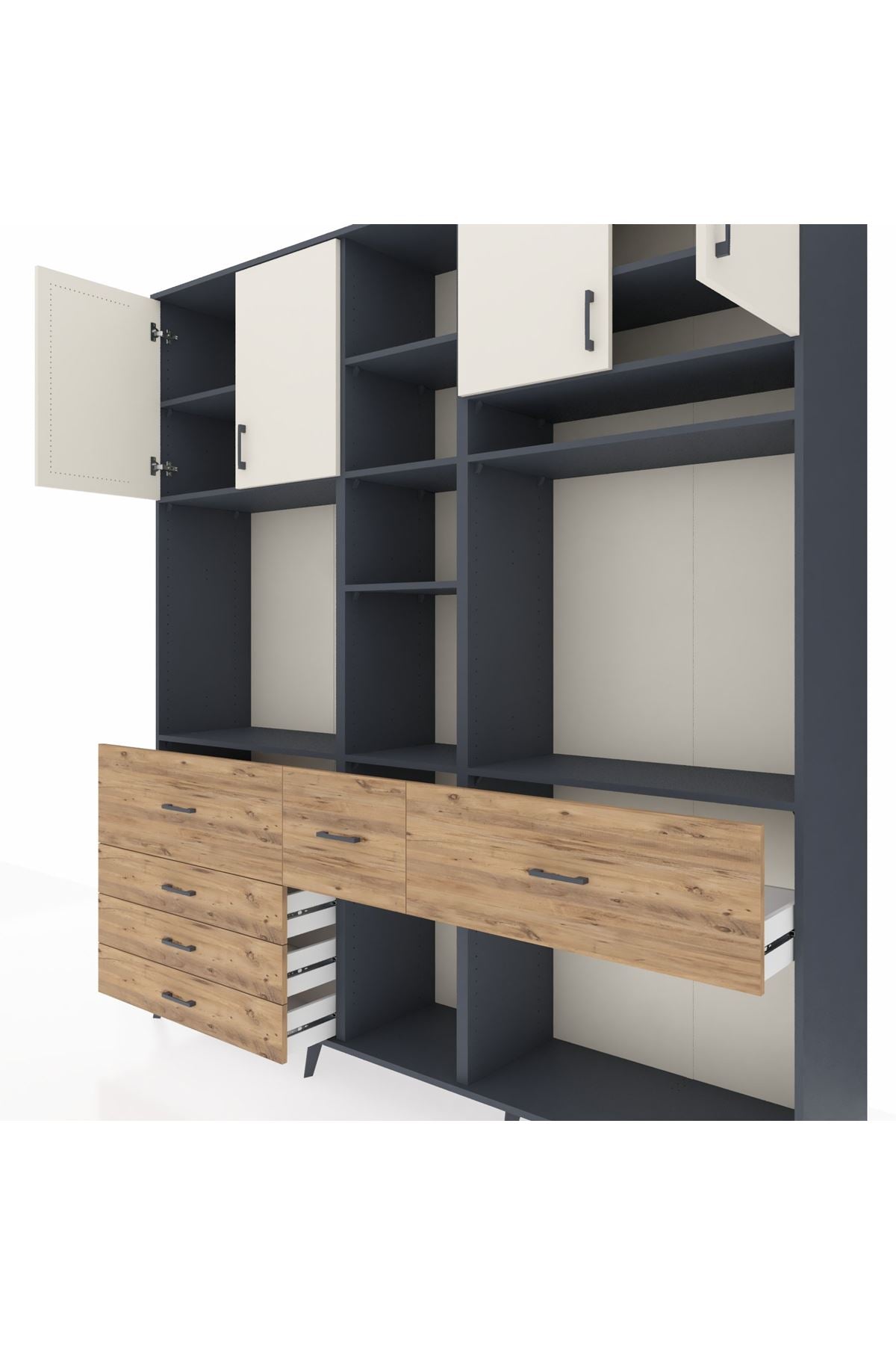 Hyperion Dolap 11 Raflı 6 Çekmeceli 4 Kapaklı 220x44x243 Antrasit-Aytaşı/Çam