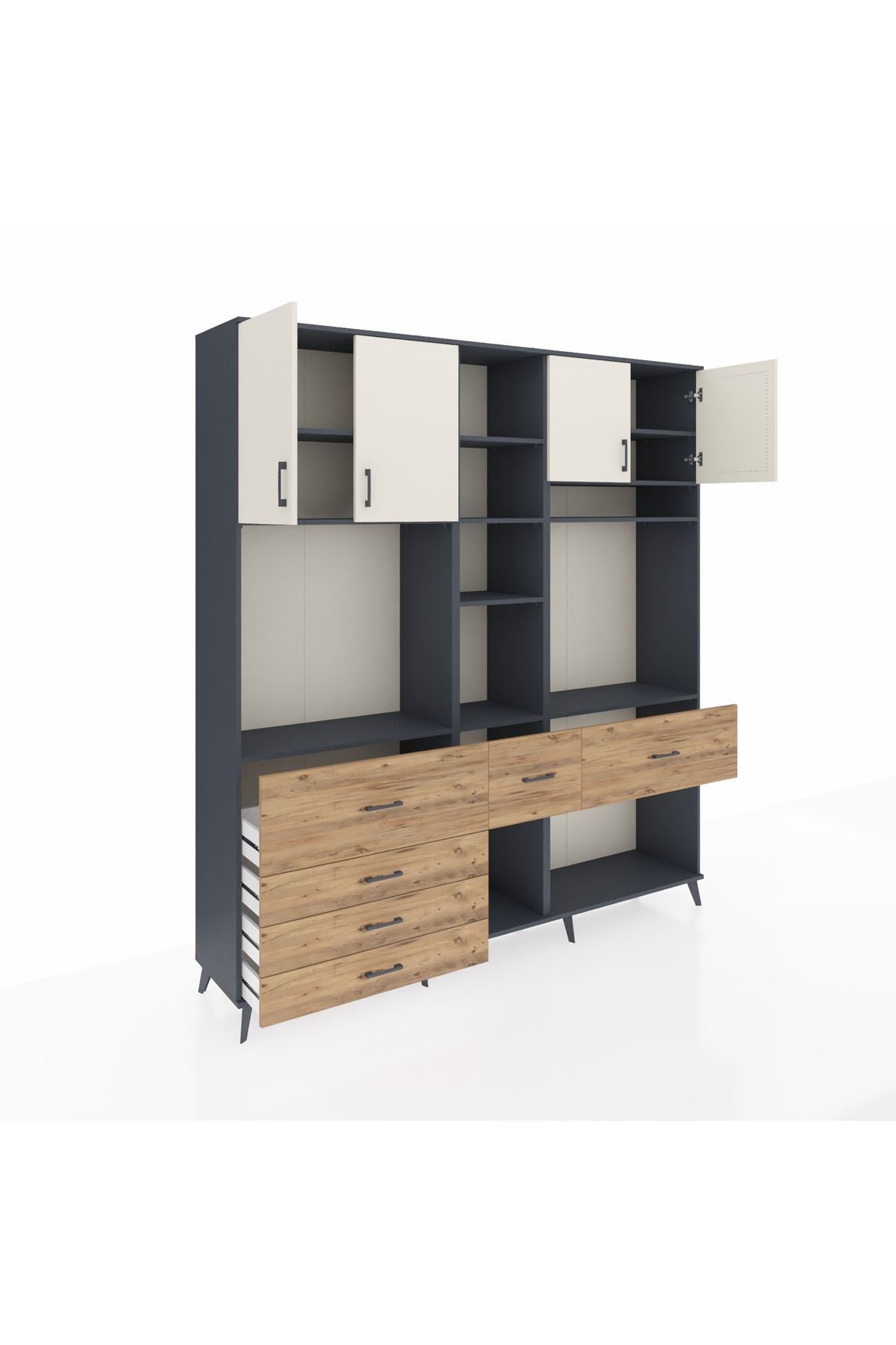 Hyperion Dolap 11 Raflı 6 Çekmeceli 4 Kapaklı 220x44x243 Antrasit-Aytaşı/Çam