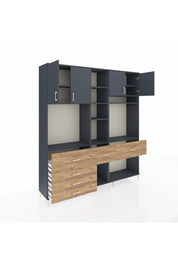 Hyperion Dolap 11 Raflı 6 Çekmeceli 4 Kapaklı 220x44x243 Antrasit-Antrasit/Çam
