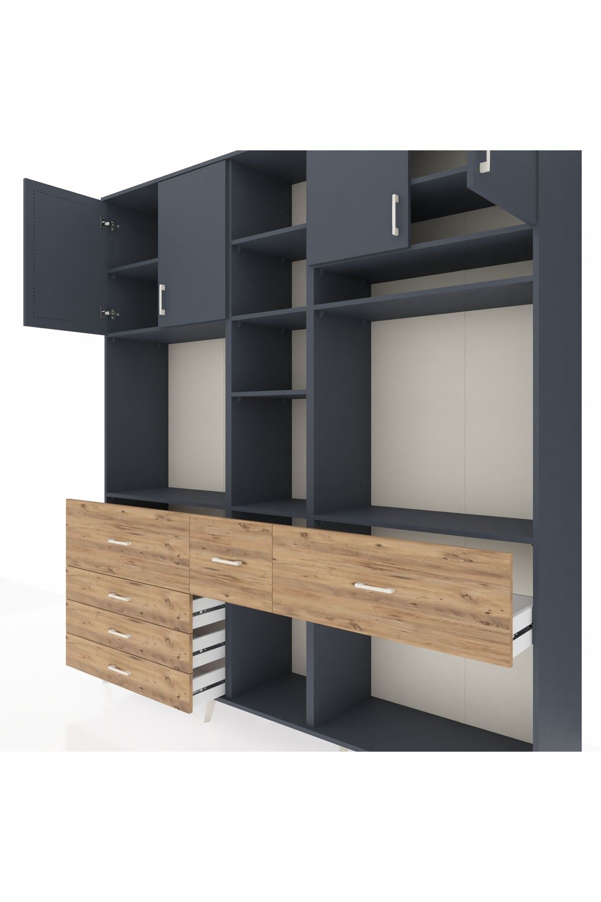 Hyperion Dolap 11 Raflı 6 Çekmeceli 4 Kapaklı 220x44x243 Antrasit-Antrasit/Çam