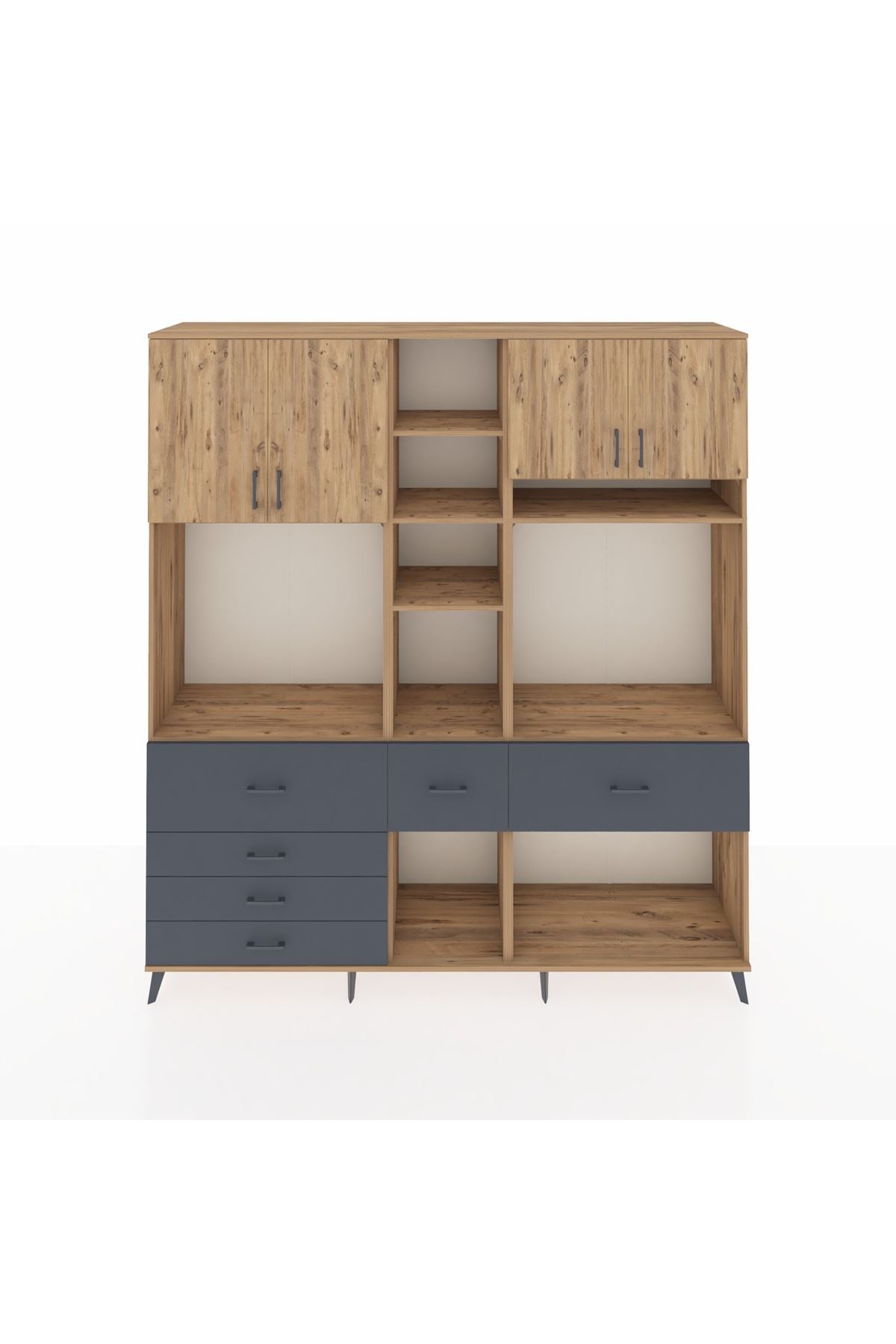 Hyperion Dolap 11 Raflı 6 Çekmeceli 4 Kapaklı 220x44x243 Çam-Çam/Antrasit