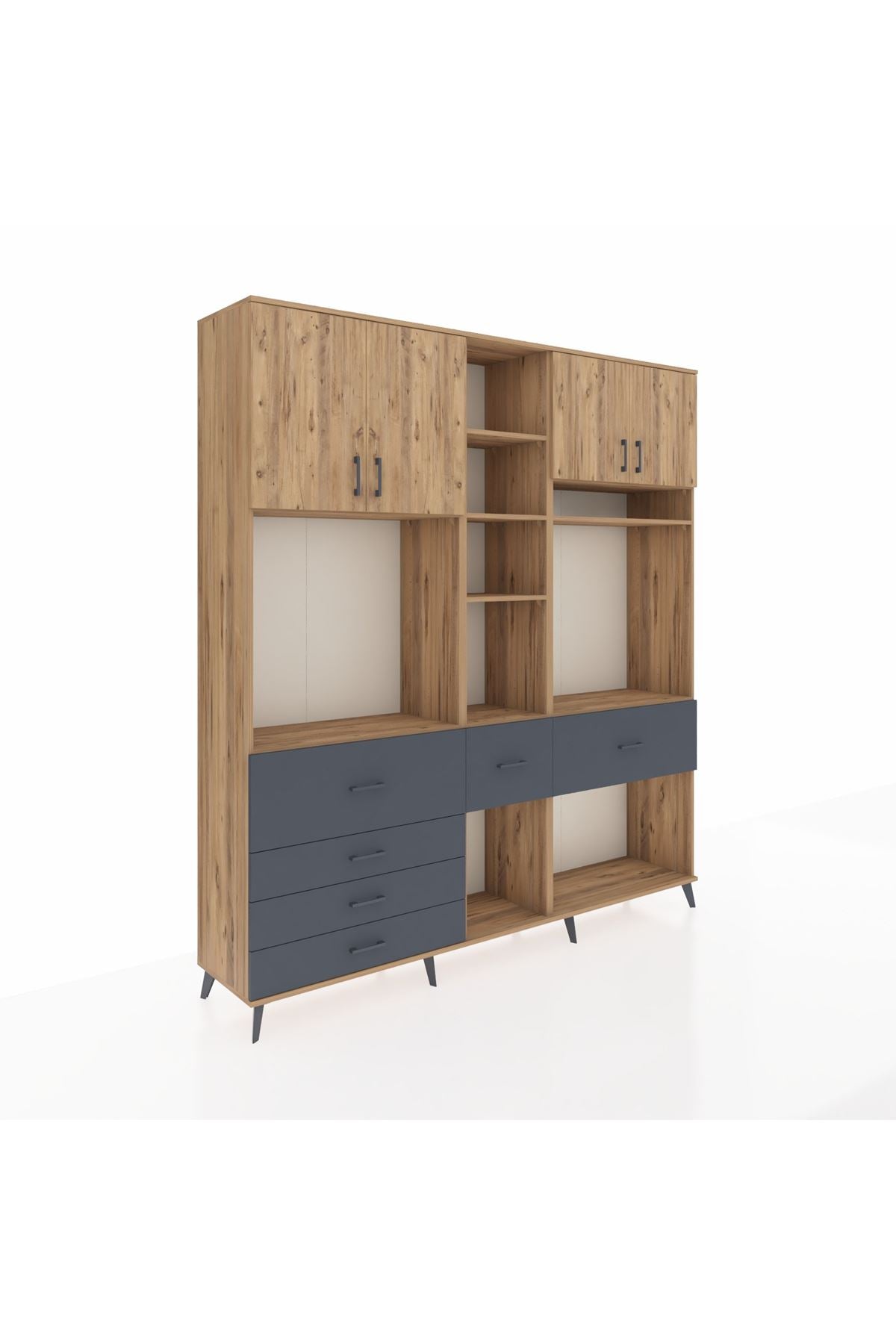 Hyperion Dolap 11 Raflı 6 Çekmeceli 4 Kapaklı 220x44x243 Çam-Çam/Antrasit