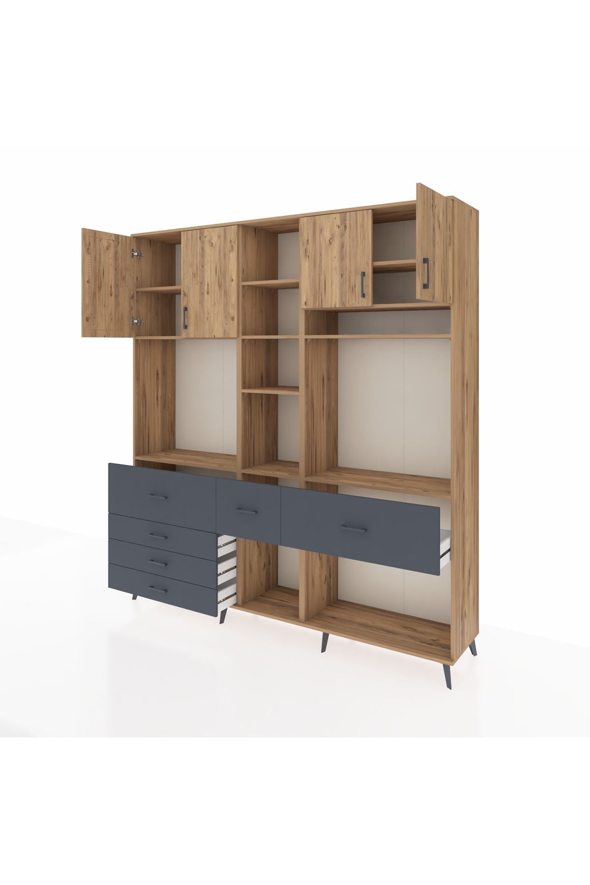 Hyperion Dolap 11 Raflı 6 Çekmeceli 4 Kapaklı 220x44x243 Çam-Çam/Antrasit