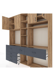 Hyperion Dolap 11 Raflı 6 Çekmeceli 4 Kapaklı 220x44x243 Çam-Çam/Antrasit