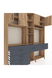 Hyperion Dolap 11 Raflı 6 Çekmeceli 4 Kapaklı 220x44x243 Çam-Çam/Antrasit