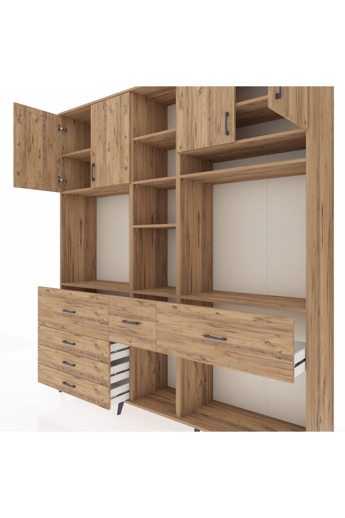 Hyperion Dolap 11 Raflı 6 Çekmeceli 4 Kapaklı 220x44x243 Çam-Çam/Çam