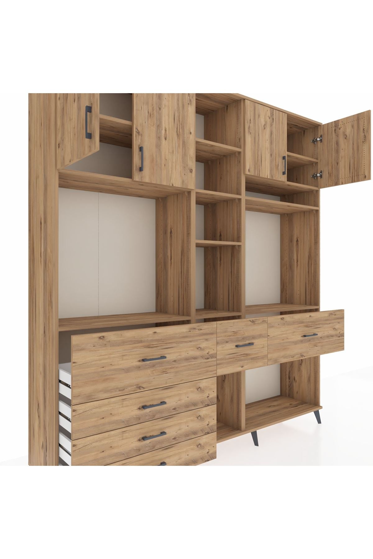 Hyperion Dolap 11 Raflı 6 Çekmeceli 4 Kapaklı 220x44x243 Çam-Çam/Çam