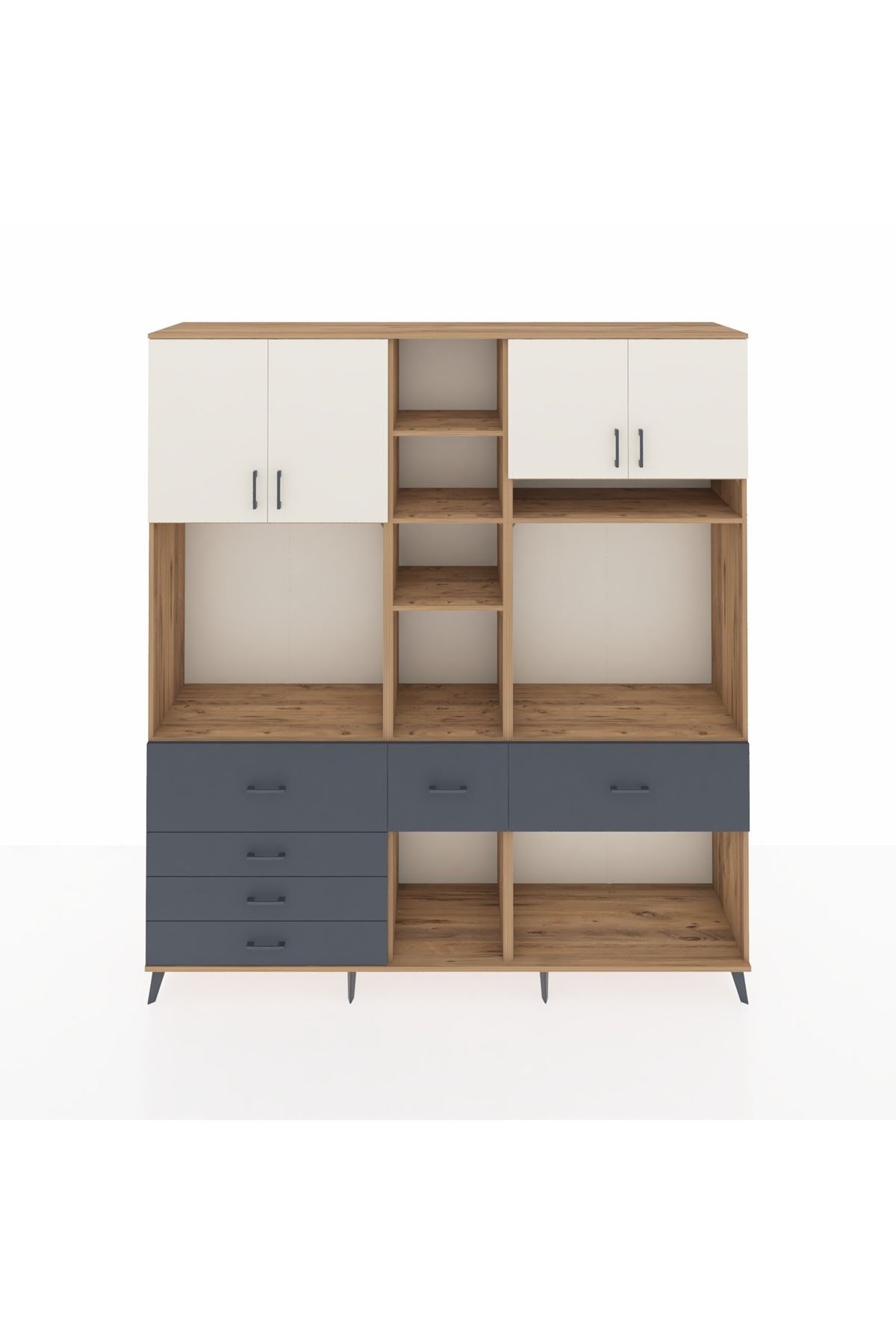 Hyperion Dolap 11 Raflı 6 Çekmeceli 4 Kapaklı 220x44x243 Çam-Aytaşı/Antrasit