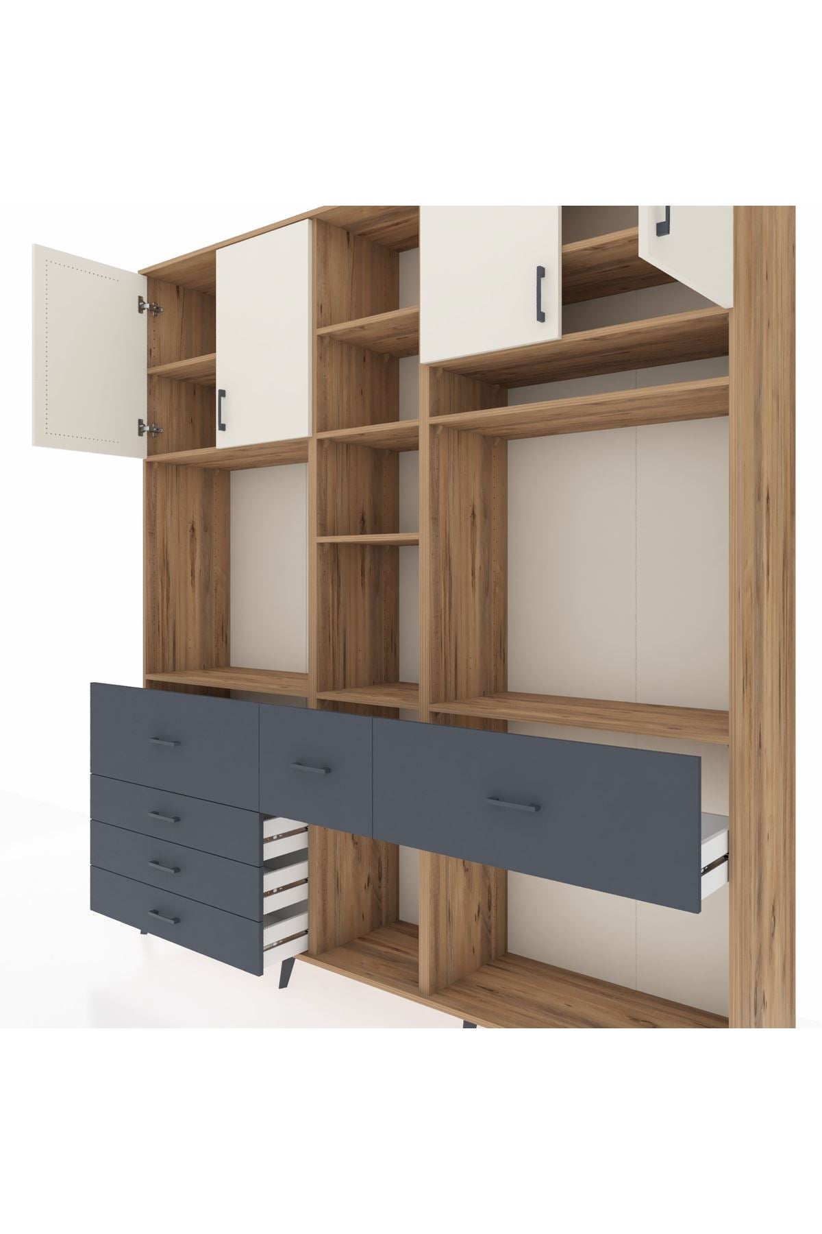 Hyperion Dolap 11 Raflı 6 Çekmeceli 4 Kapaklı 220x44x243 Çam-Aytaşı/Antrasit