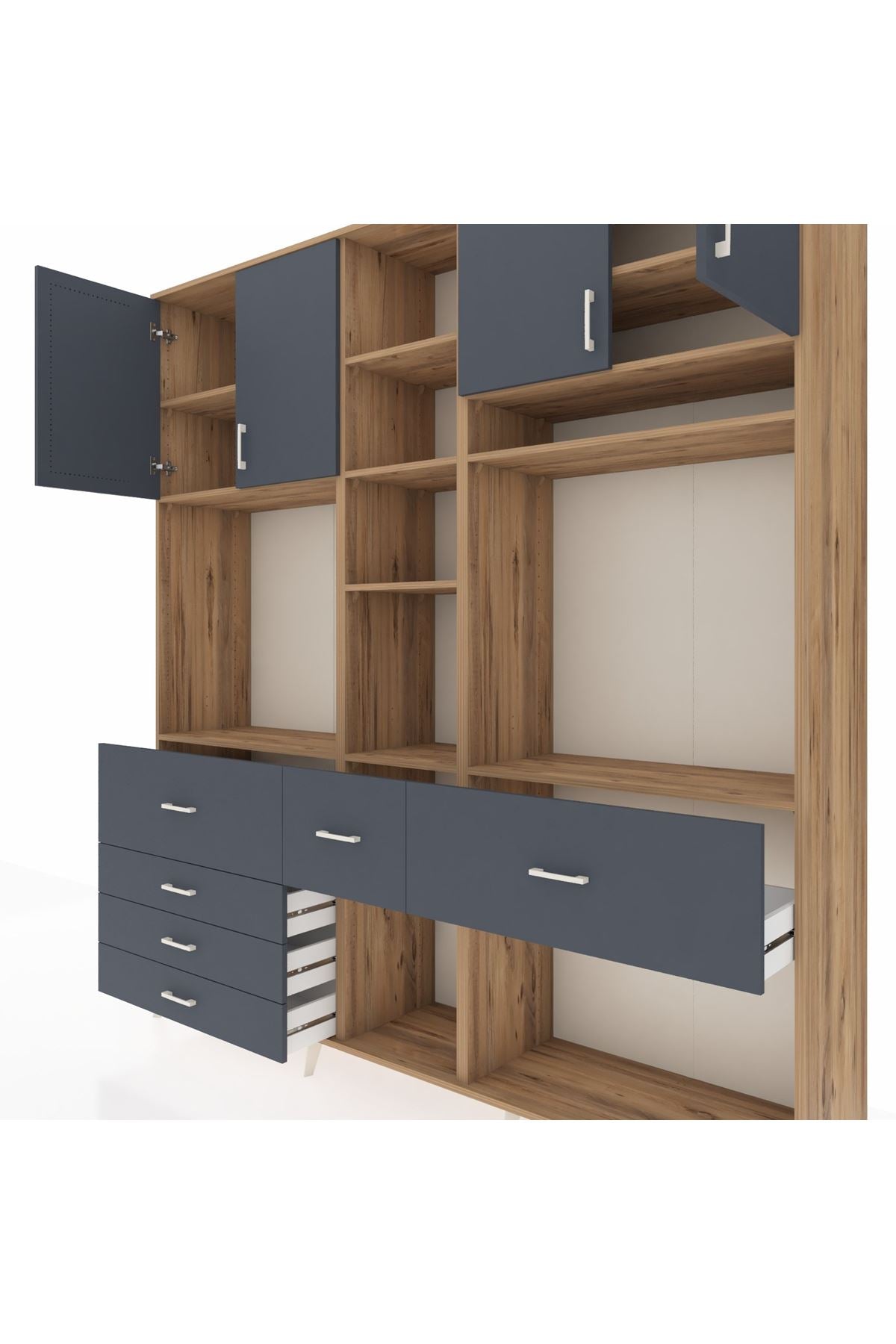 Hyperion Dolap 11 Raflı 6 Çekmeceli 4 Kapaklı 220x44x243 Çam-Antrasit/Antrasit