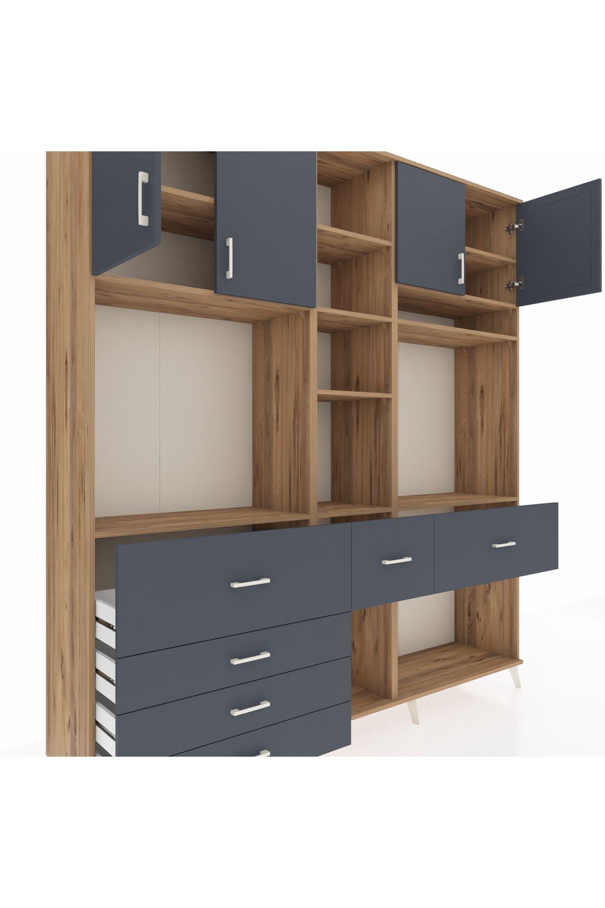 Hyperion Dolap 11 Raflı 6 Çekmeceli 4 Kapaklı 220x44x243 Çam-Antrasit/Antrasit